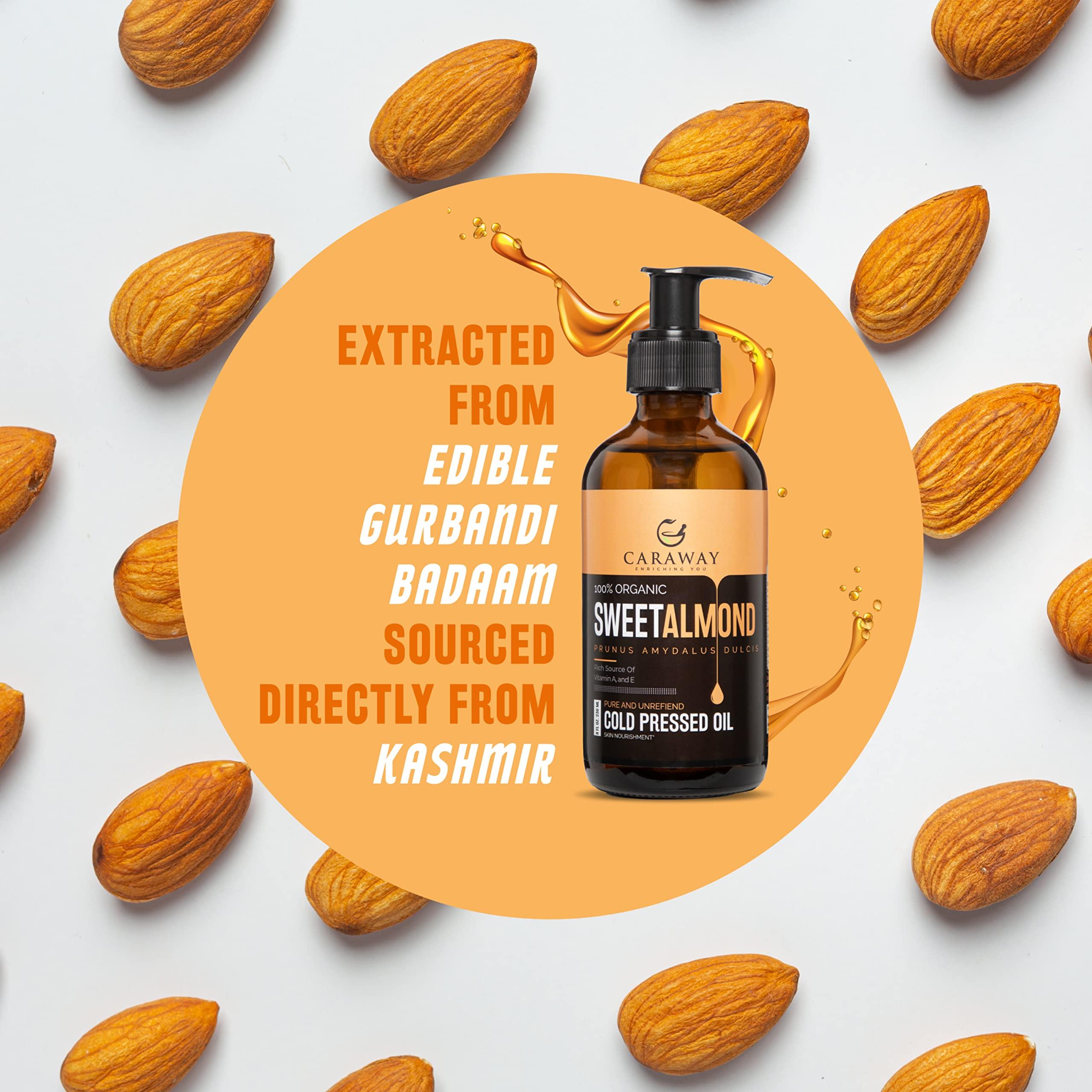 CARAWAY CARAWAY Certified Organic Almond Oil for Face - Cold Pressed Badam Rogan Oil for Baby Massage and Hair Care - Edible Grade - 50 ml