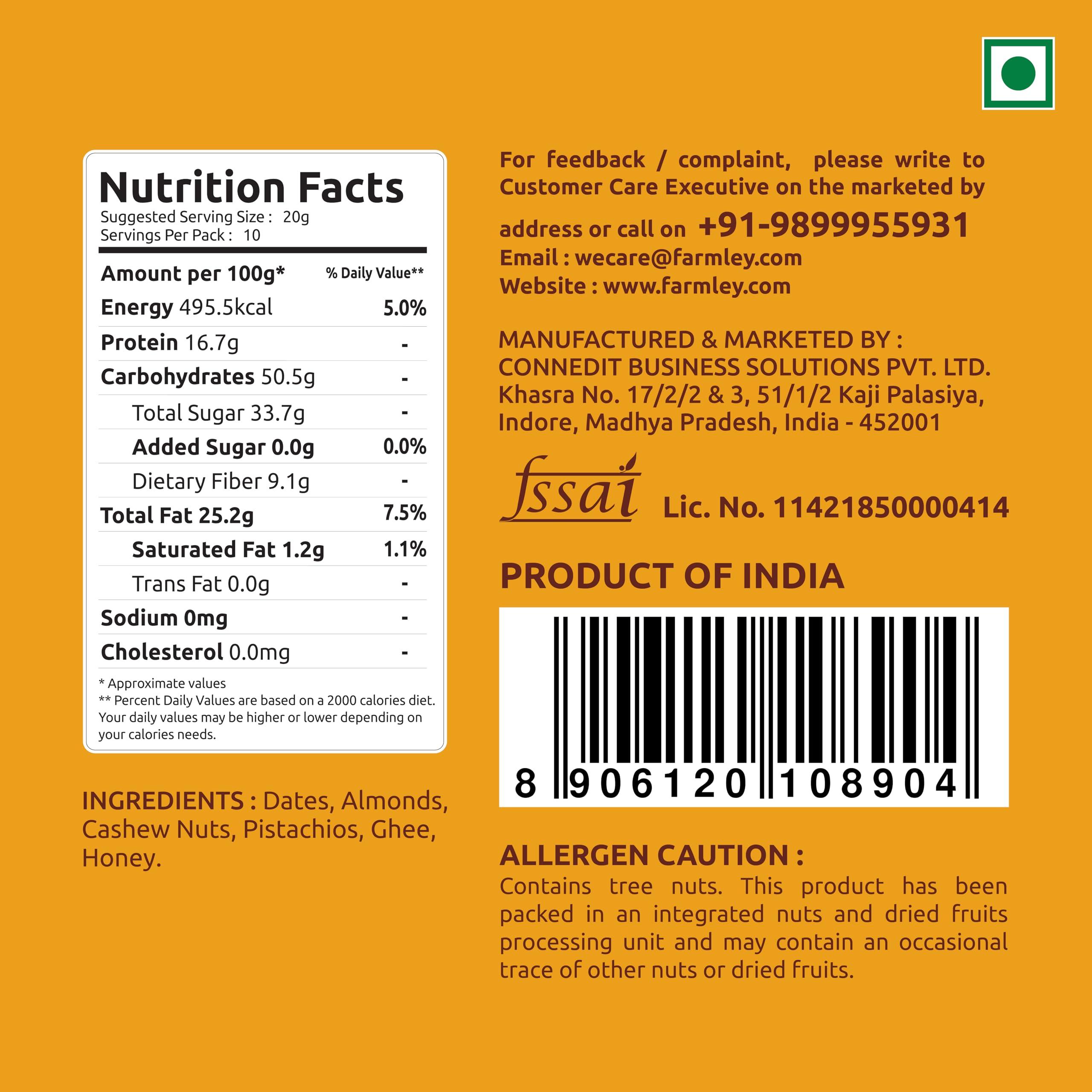 Farmley Farmley Date Bites I 360 gram I Dates Barfi Made with Dates, Pista, Cashews, Almonds, Honey and Pure Ghee I Dry Fruits Nuts, Healthy Delicious Indian Sweets, No Added Sugar, (180 g, Pack of 2)