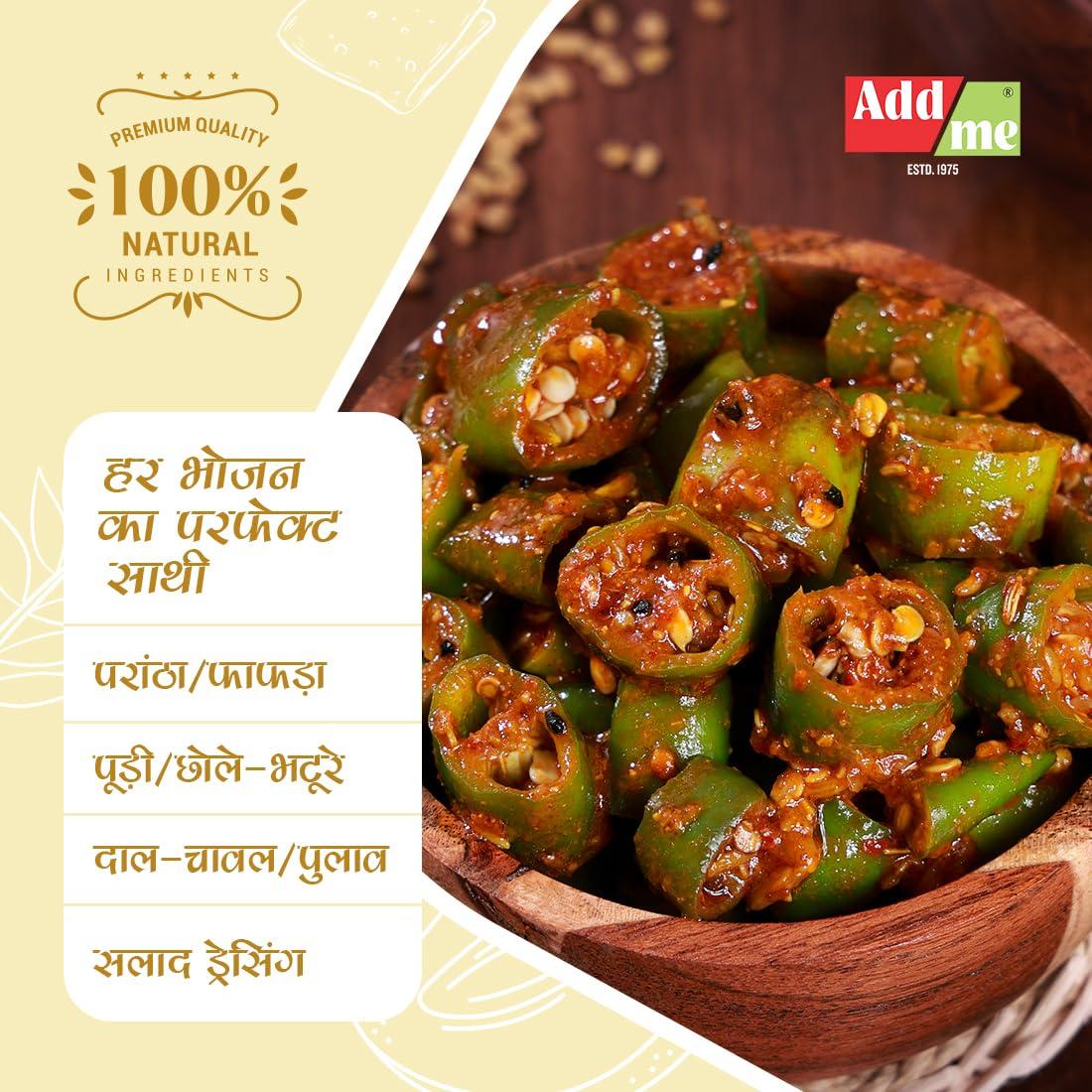 Add me Add me Home Made Green Chilli Pickles in Extra Virgin Olive Oil, 500 gm Mirch ka Achar 500gm Glass Jar