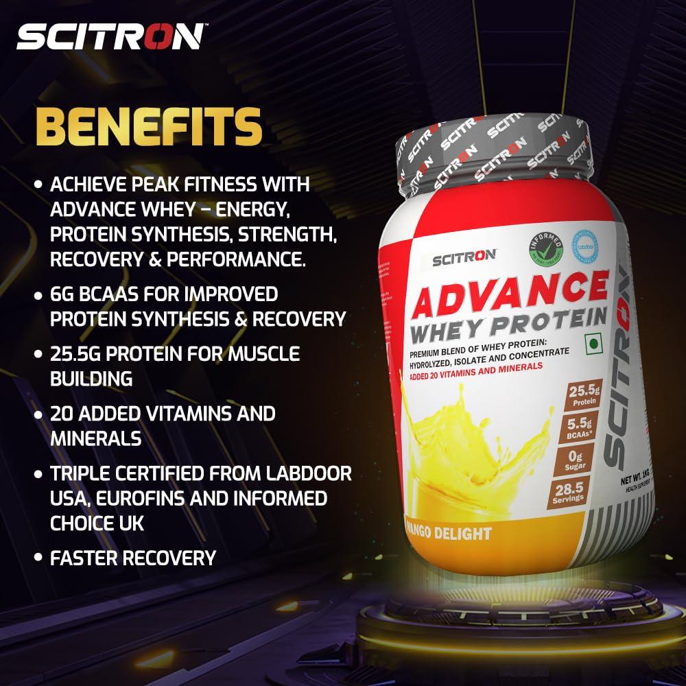 SCITRON Scitron Advance Whey Protein 1Kg Mango Delight (28.5 Servings, 25.5g Protein, 5.5g BCAAs, 0g Sugar, 20 Vitamins & Minerals) Certified by Labdoor, USA | Sourced from Glanbia Nutrition | Certified by Informed Choice