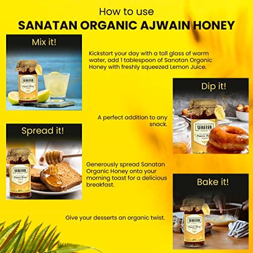SANATAN ORGANIC Sanatan Organic Unprocessed and certified organic 100% Natural &Pure Ajwain Honey cures Gastric,Acidity,help in digestion|Preservative free|No artificals|No Added Sugar|Mono Flora Honey-250g Glass Jar