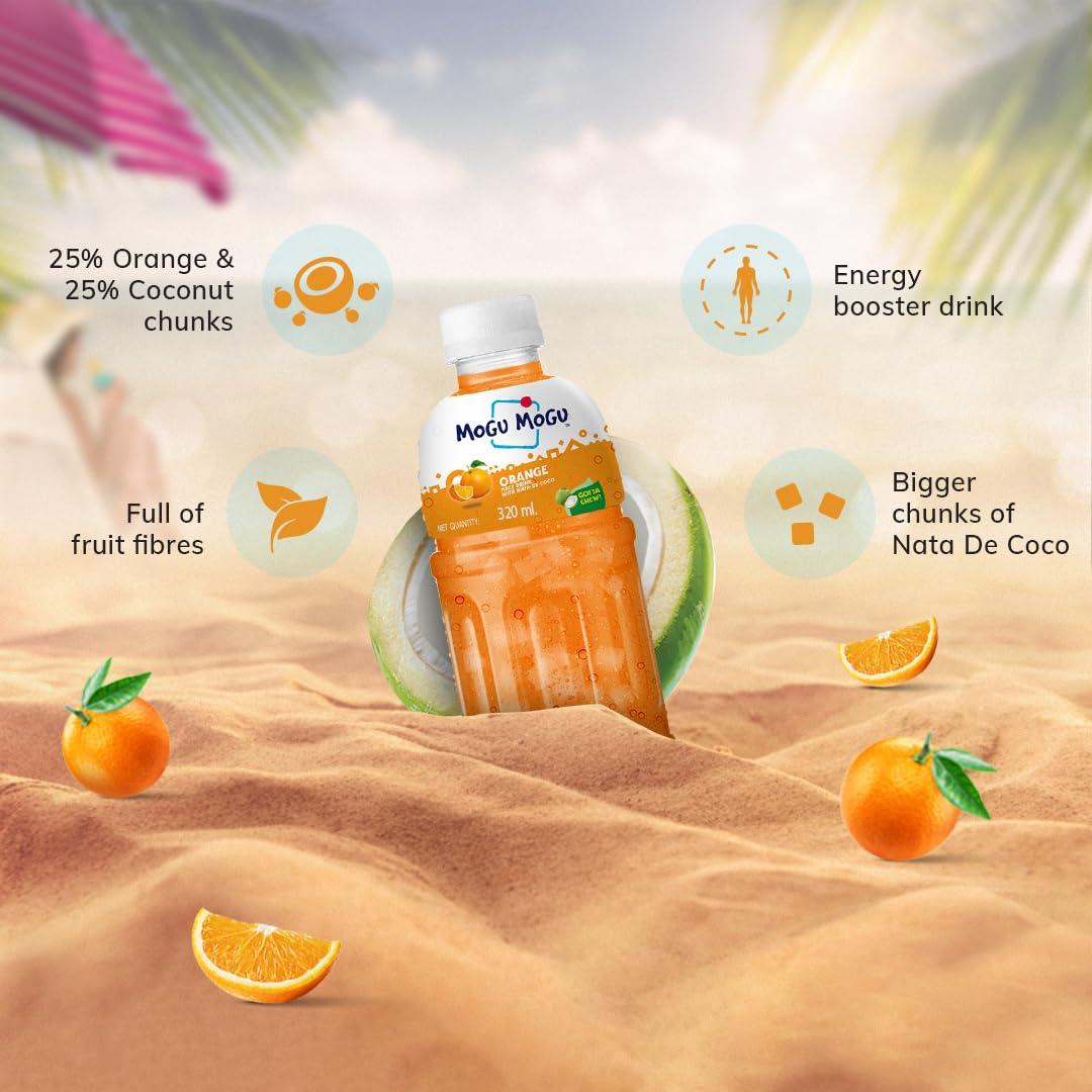 Mogu Mogu Mogu Mogu Orange and Lychee Juice 25% with NATA De Coco | Energy Booster Drink | Full of Fruit Fibres | No Added Preservatives and Colours - (Pack of 6, 300ml each)