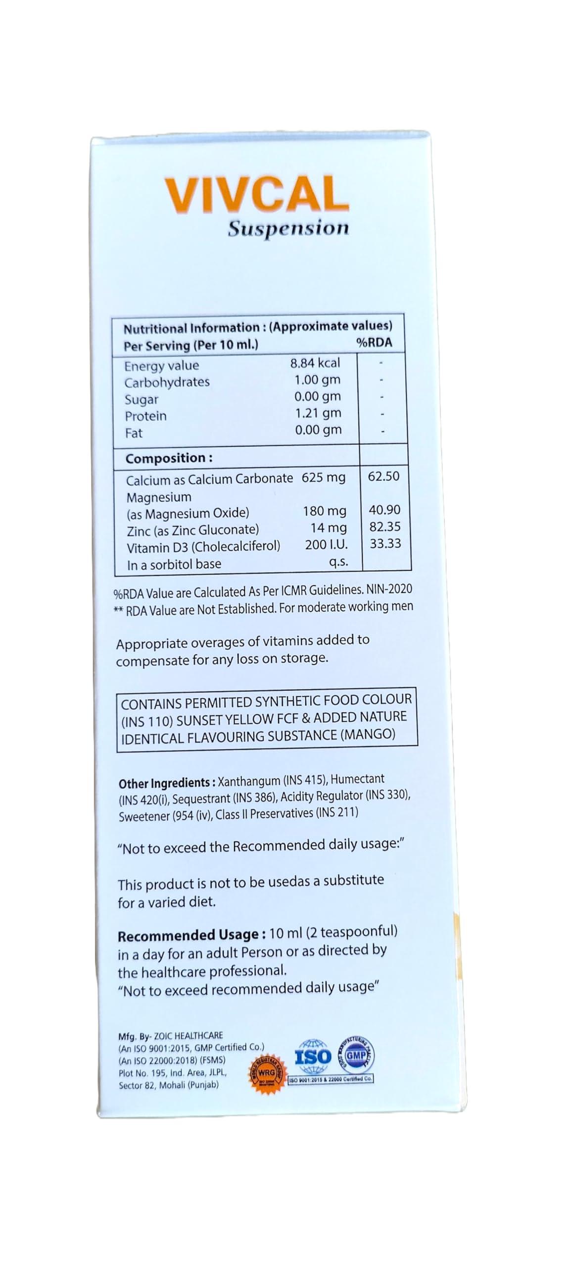 Vivaceutical Vivcal Suspension - | Calcium Carbonate, Magnesium Oxide, Zinc Gluconate & Vitamin D3 | 200ml