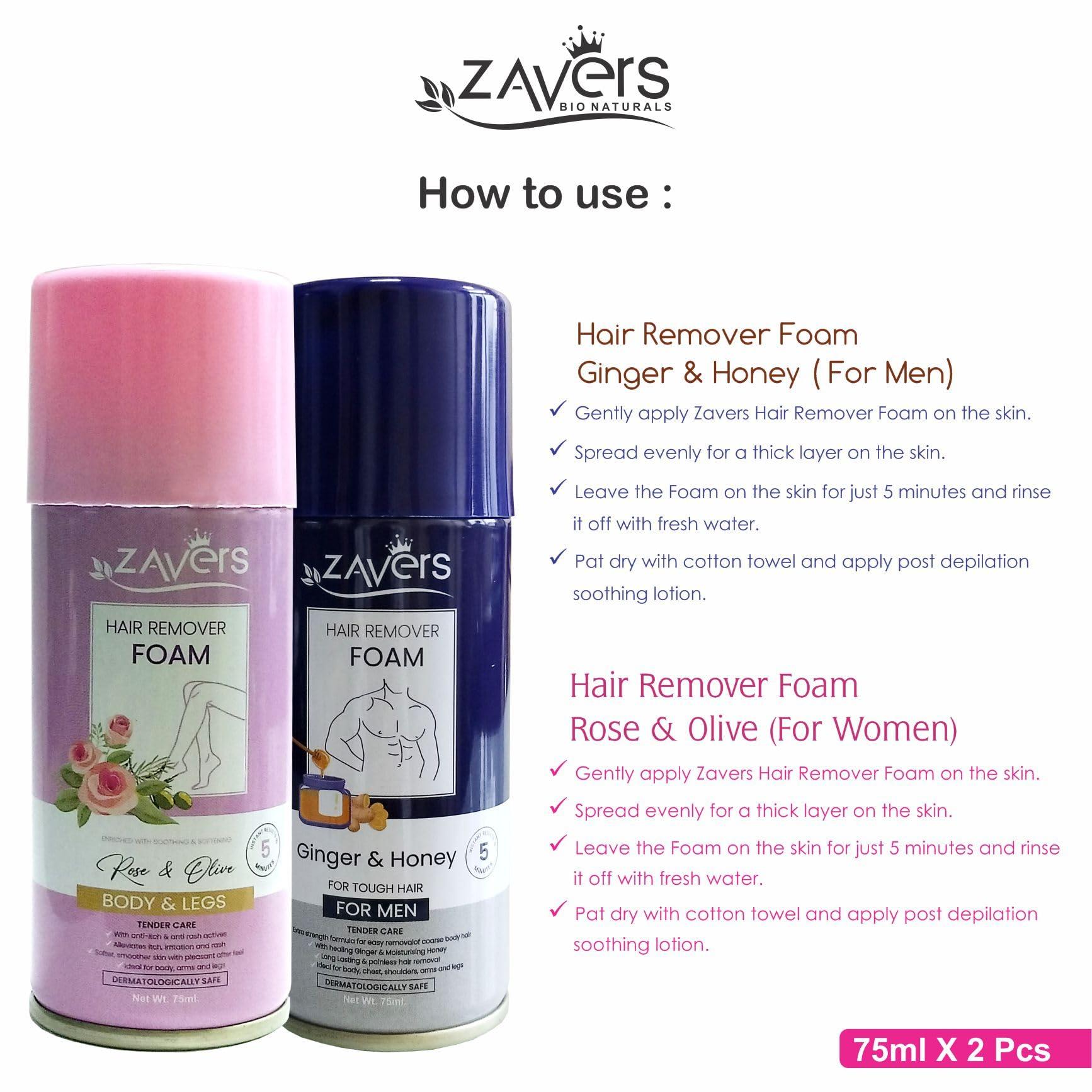 ZAVERS Zavers Hair Removal Foam for Men & Women - 75 ml Combo - Powerful Ginger & Honey Formula for Tough Hair - Enriched with Soothing Rose & Olive for Soft, Smooth Skin - Easy, Effective Hair Removal Solution