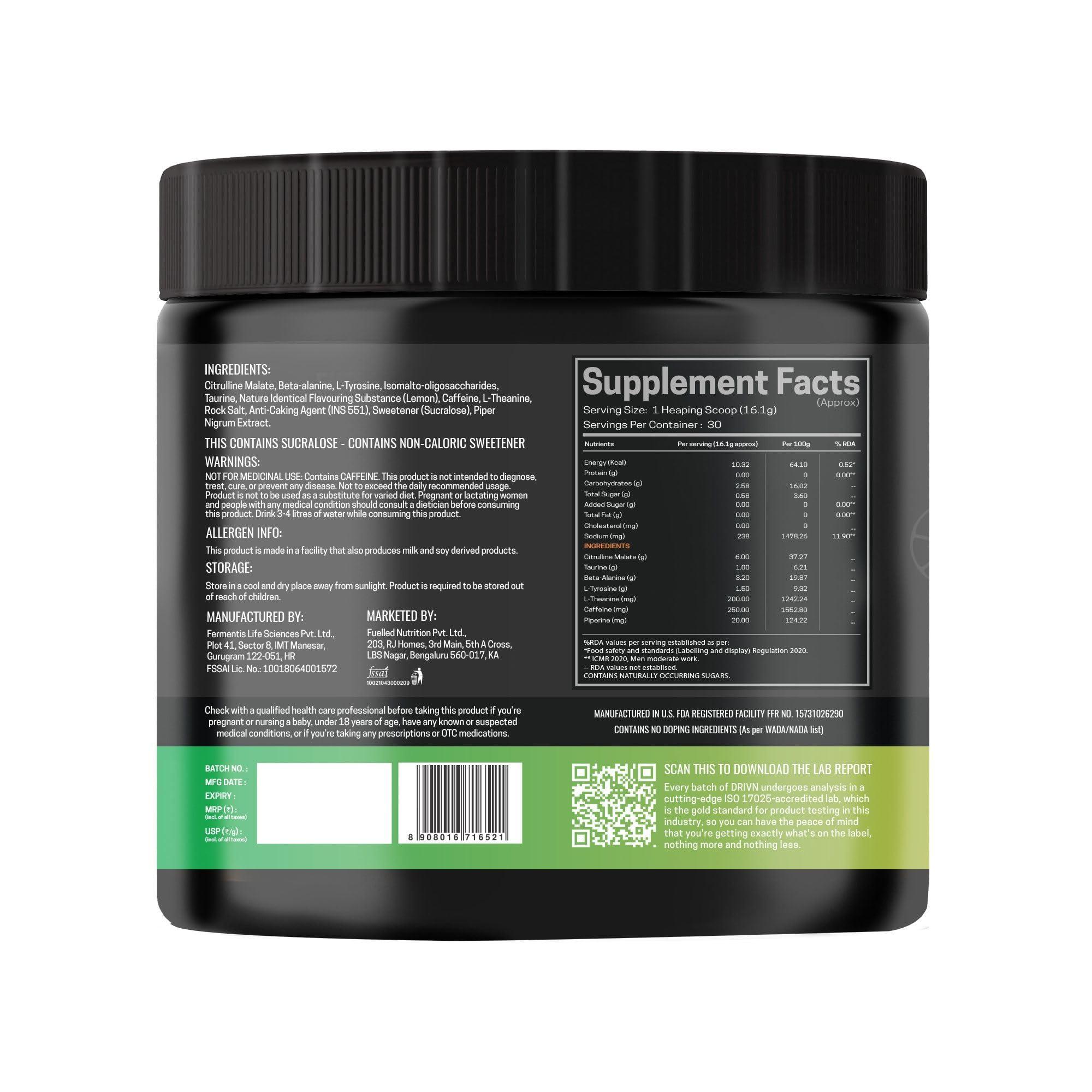 Fuelled Fuelled DRIVN Pre-Workout (483 g, 30 Servings) 3.2 g Beta Alanine 250 mg Caffeine, 6 g Citrulline Malate/Improve Exercise Performance, Focus, Strength and Endurance (Masala Lemonade)