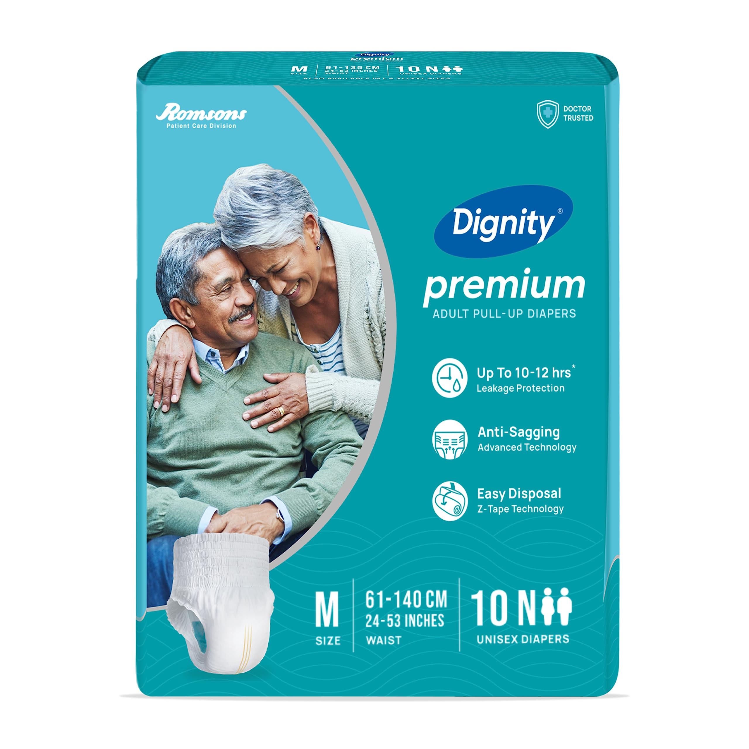 DIGNITY Dignity Premium Pull Up Adult Diapers Pant Style - 30 Count (Medium) with Soft Elastic and Extra Absorbent Core, Waist Size 24\" - 53\", 10 Pcs/Pack (Pack of 3)