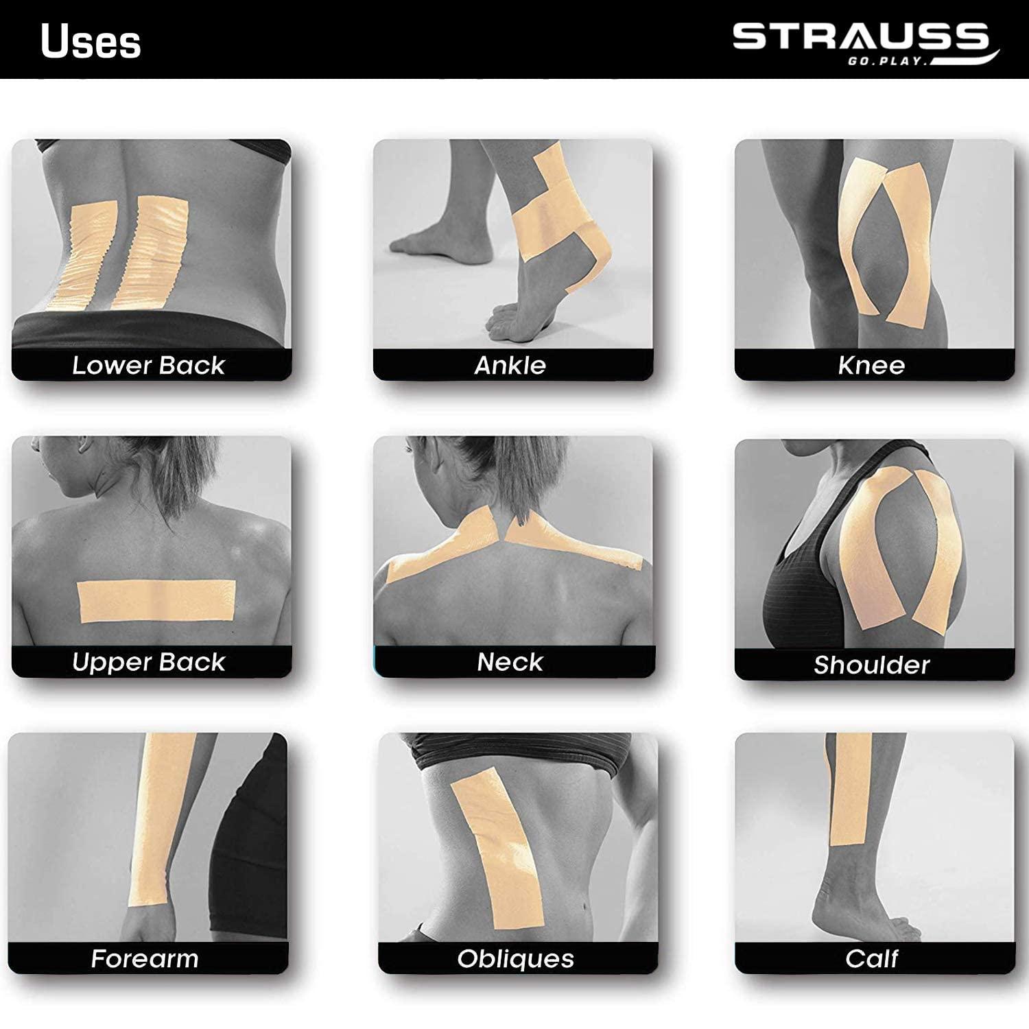STRAUSS STRAUSS Kinesiology Sports Tape for Knee,Calf & Thigh Support|Waterproof Athletic Sports Tape for Muscle Support,Hand Leg Joint Support & Physiotherapy|Kinesio Tape for Sports Injury,(Black)
