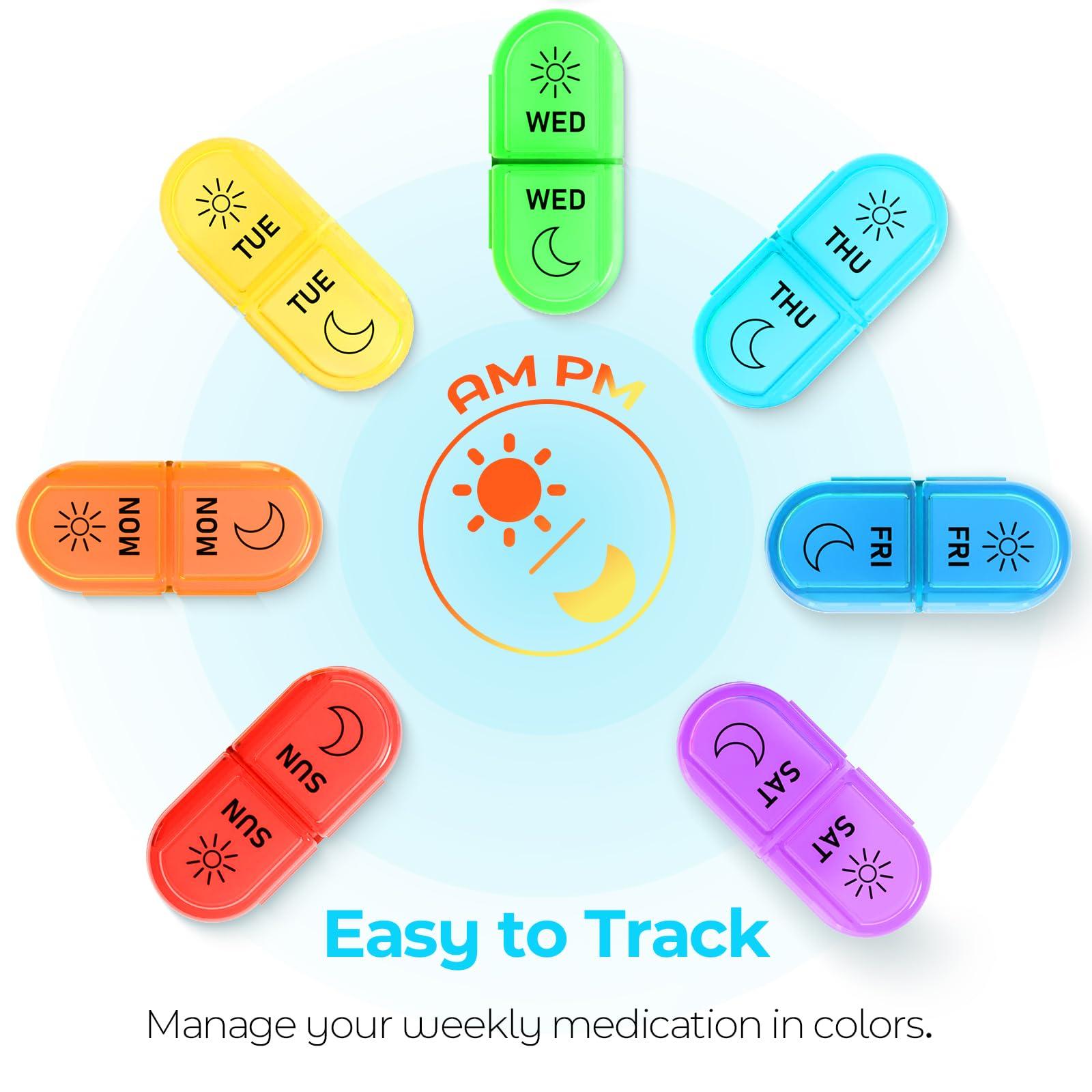 Windtrace 7 Days AM PM Pill Organizer - 2 Times a Day Large Weekly Pills Case, BPA-Free Pills Box Container Cases, Morning and Night Pill Boxes with Unique Push-Button Pop Open Design Hold Vitamin, Medicine