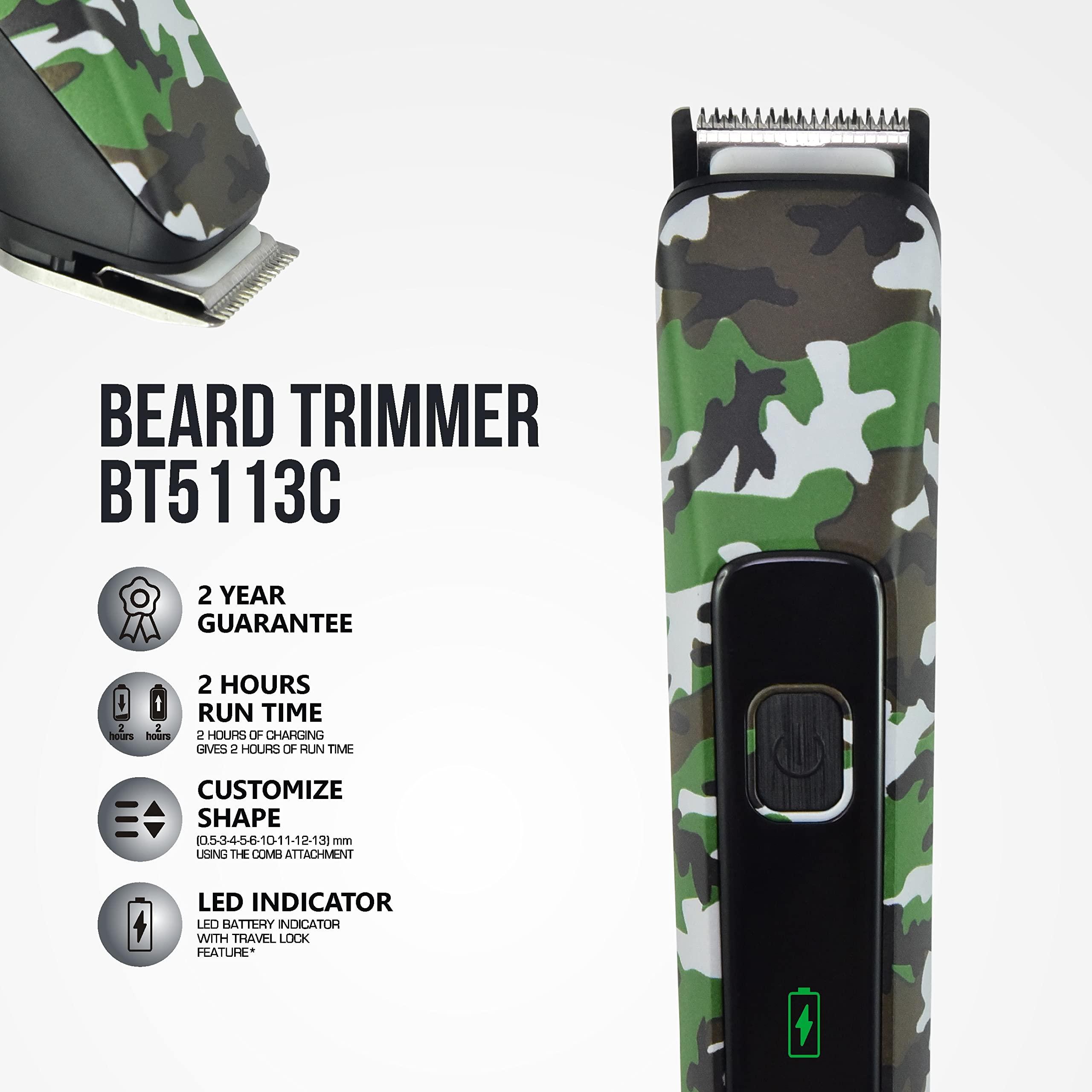 Havells Havells Bt5113 Rechargeable Beard Trimmer,Super Fast Charge,Trimming Lengths Upto 13 Mm For Multiple Styles (Military) (Black&Green),Men