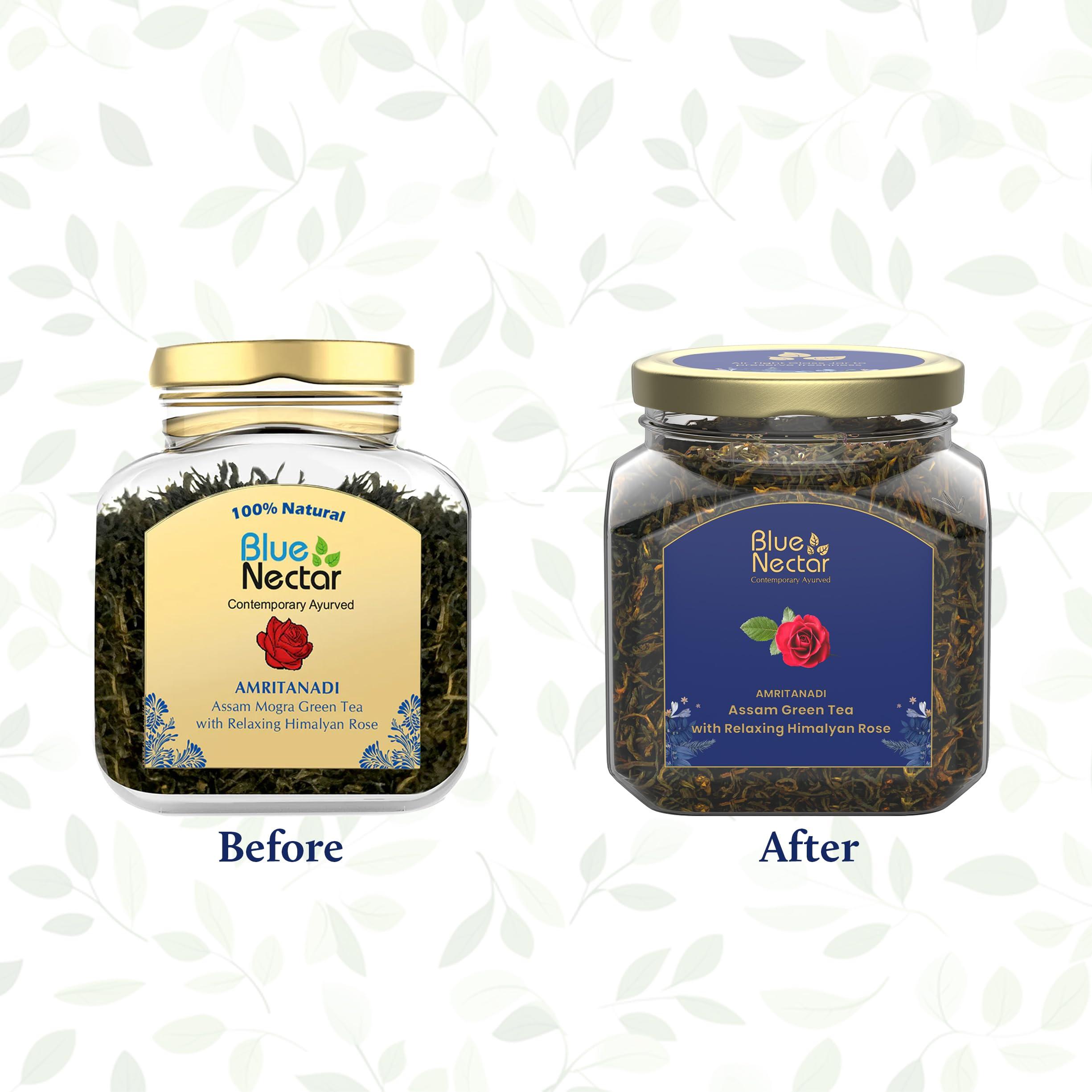 Blue Nectar Blue Nectar Amritanadi Assam Rose Green Tea Leaves with Himalayan Rose (50 g + 15 g FREE| 33 cups). Loose Green Tea Leaves with No Tea Dust. Only Leaf Green Tea
