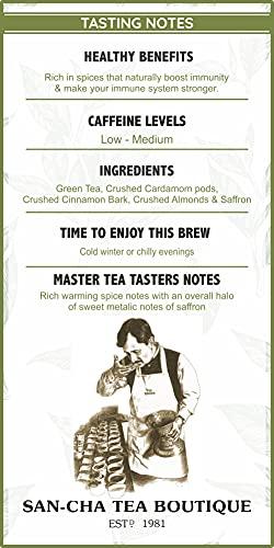 SAN-CHA SAN-CHA Tea Boutique Kashmiri Kahwah Tea(75+Cups) 100% Rainforest Alliance Certified Real Spices, Desi Kahwa, Detox Loose Leaves Green Tea, 1 Grams, Pack Of 1