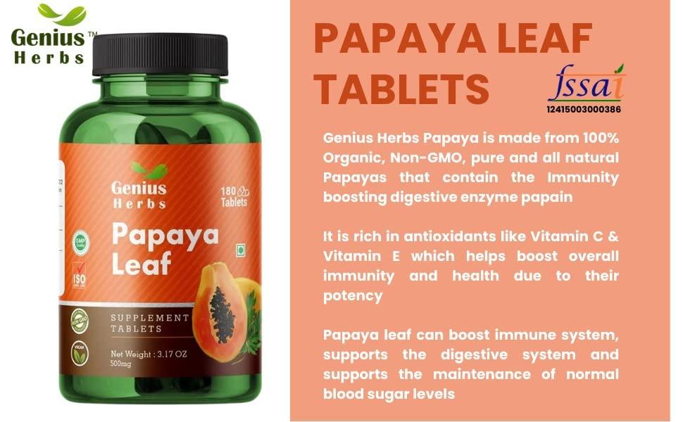 Genius Herbs Genius Herbs Papaya Leaf Tablets 1000 mg Per Serving | Carica Papaya Leaf Tablets| Boosts Immunity | Natural Detox | 30 Days Supply