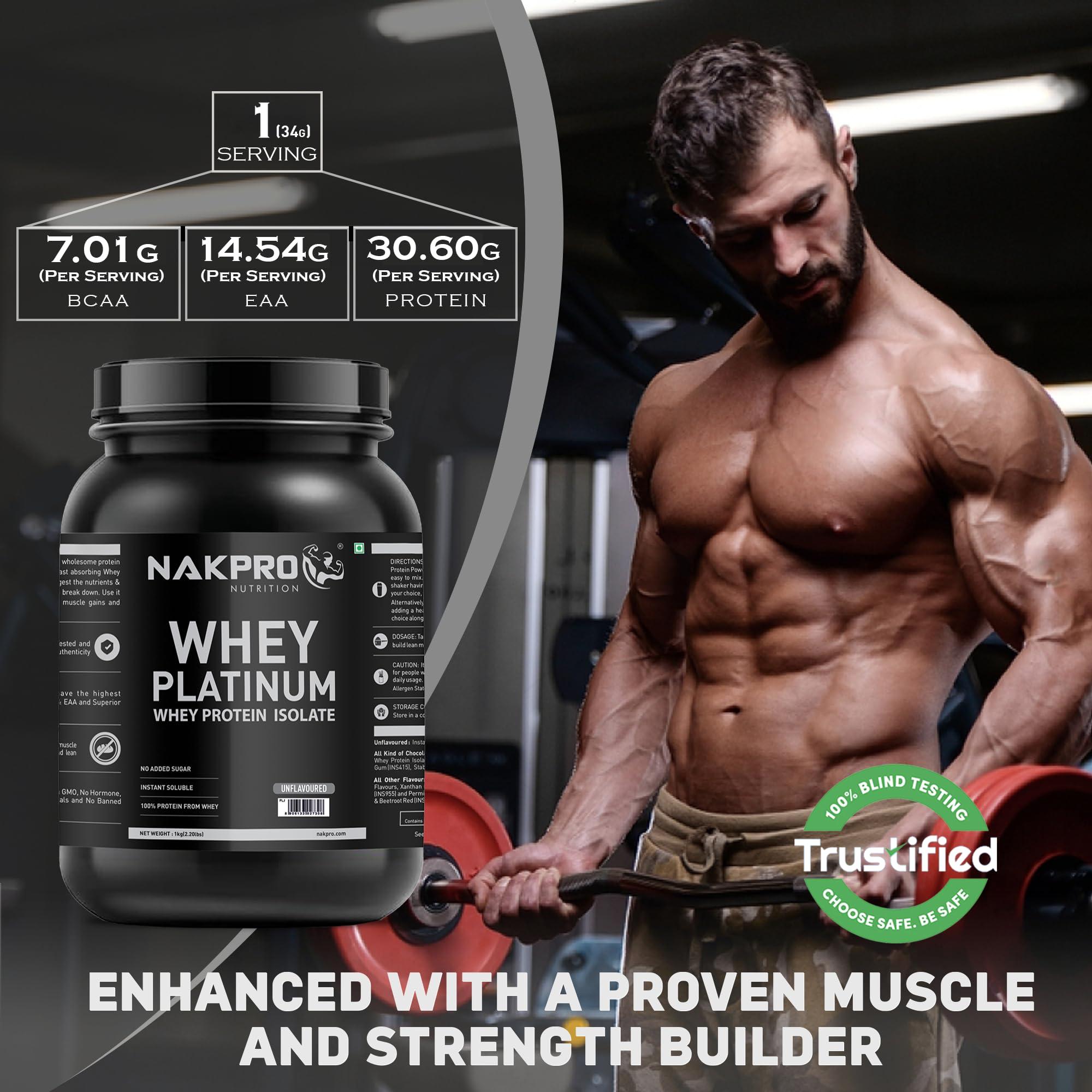 NAKPRO NAKPRO Platinum Whey Protein Isolate 90%, 1kg Unflavoured, Jar | 31g Protein, 7g BCAA | Trustified Certified 100% Authentic Supplement Powder & No Adulteration | Low Carbs, Fast Absorbing Whey Protein Powder
