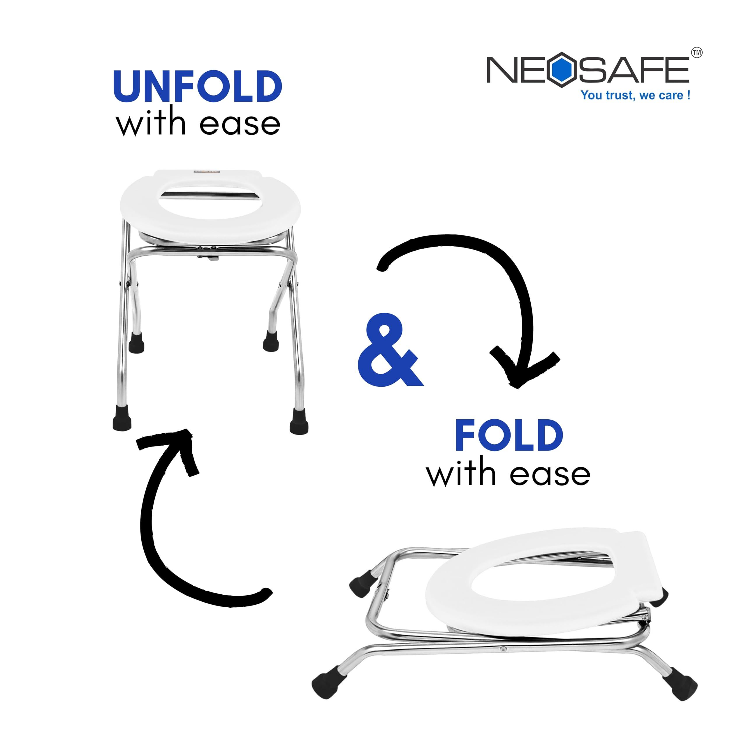 NEOSAFE NEOSAFE Stainless Steel Premium Folding Shower Bathing Room Commode Stool Indian Toilet Seat for Elderly Disabled Man and Pregant Women Support Safe Chair Anti-Slip (White)