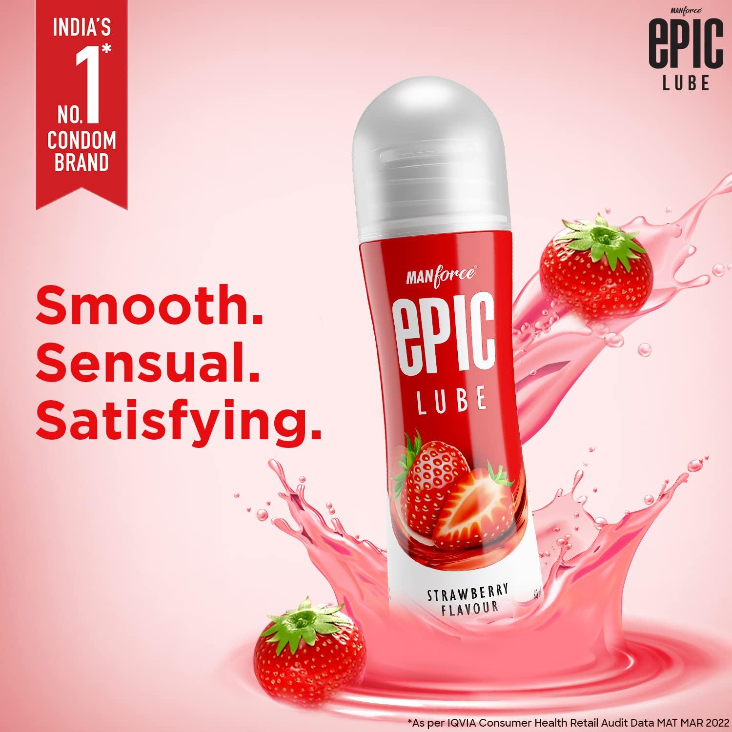 Manforce Epic Lube, Strawberry Flavoured Lubrication Gel for Men & Women, Water-Based Gel, Skin-Friendly, Safe to Use with Condoms, 60ml x 6