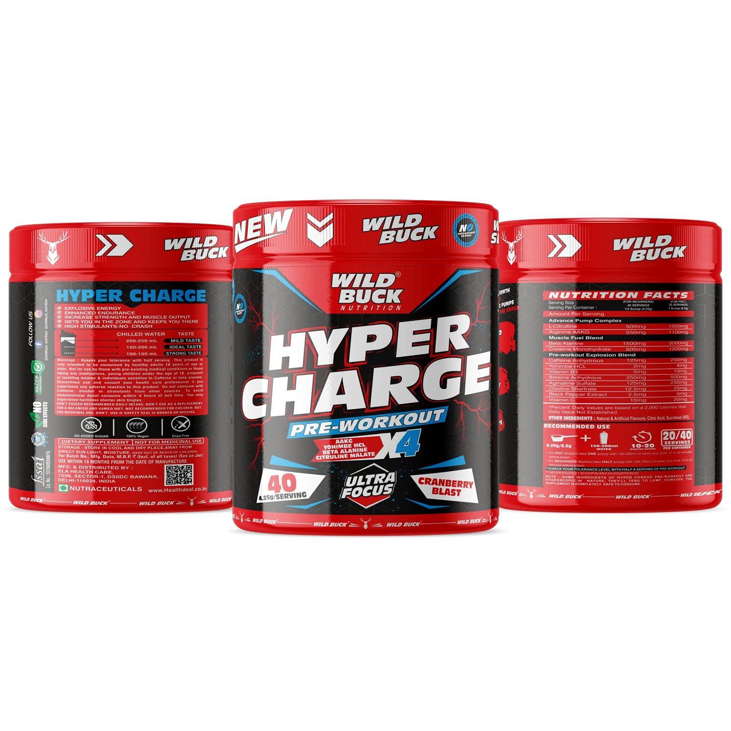 WILD BUCK WILD BUCK Hyper Charge Pre-X4 Hardcore Pre-Workout Supplement with Creatine Monohydrate, Arginine AAKG, Beta-Alanine, Explosive Muscle Pump -For Men & Women [40 Servings, Cranberry Blast] Free Shaker