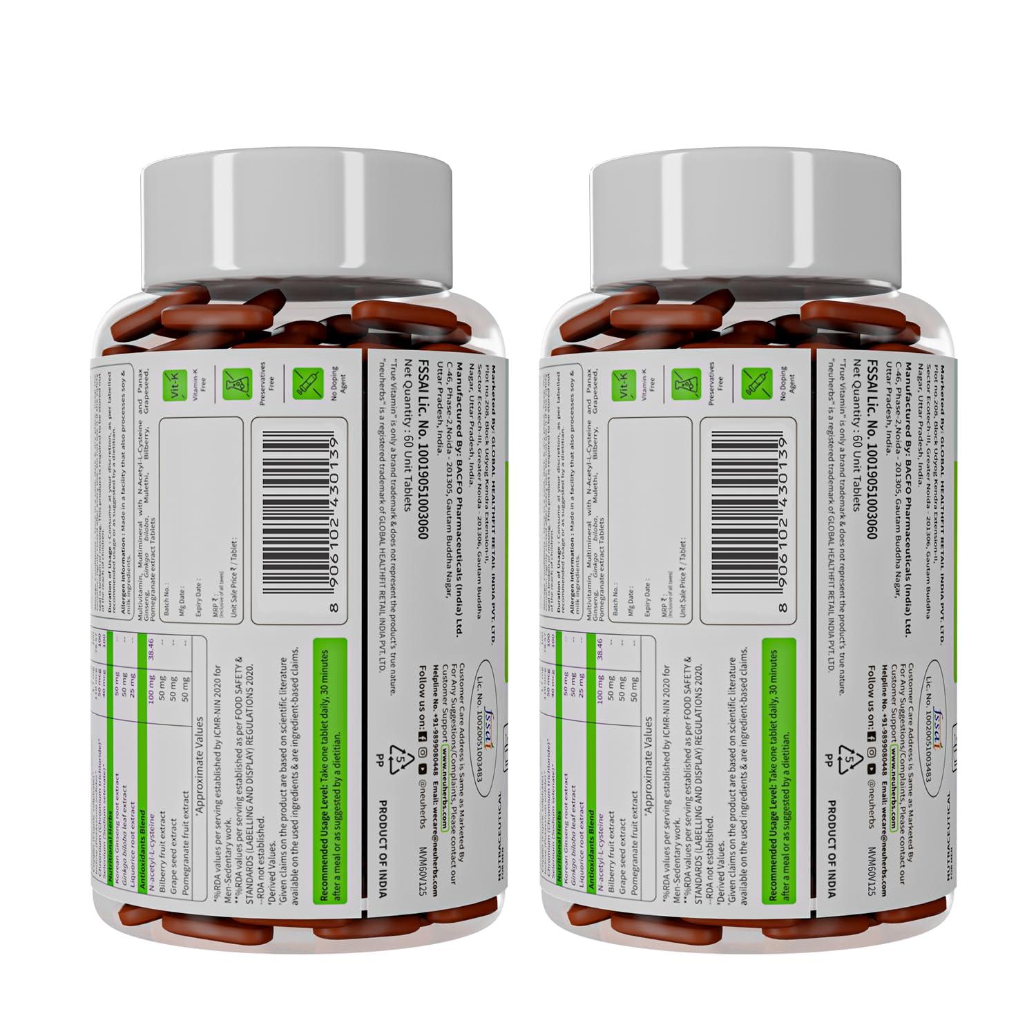 Neuherbs Neuherbs Multivitamin- 60 Tablets | True Vitamin For Men & Women With Korean Ginseng, Ginkgo Biloba, Vitamin C, D3, Zinc and 20 other nutrients for Energy,stamina, Strong Muscle, Strong Bones & Overall Health, Pack of 2