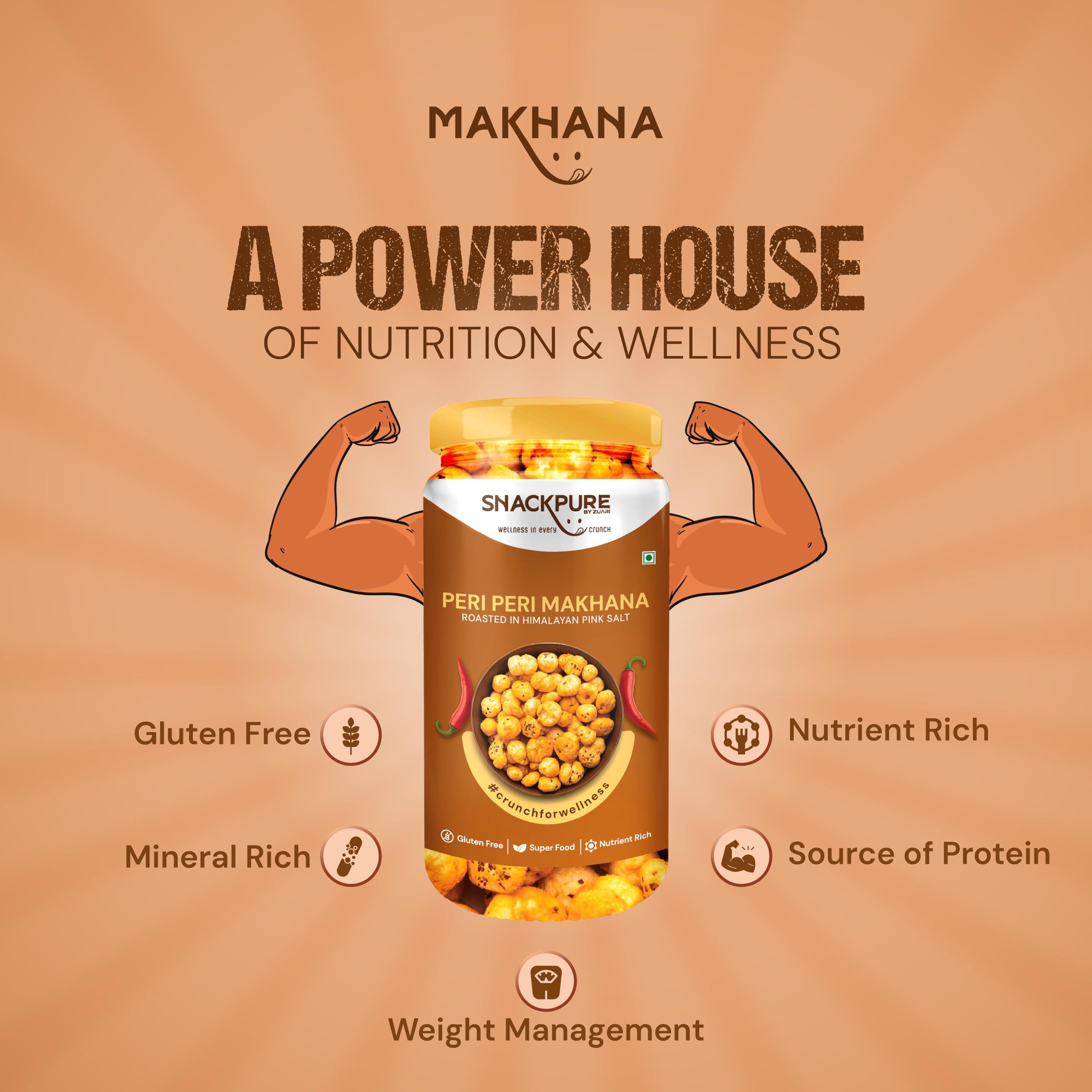 SNACKPURE BY ZUARI wellness in every crunch Snackpure Peri Peri Roasted Makhana | Healthy Puffed Snack | Gluten-Free Superfood | Nutrient-Rich Foxnut, Trans-Fat-Free, Delicious, and Nutritious Snack | 150g (Pack of 2, 75g Each)