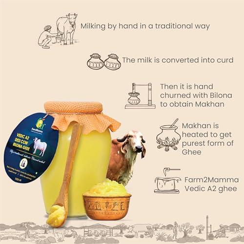 Farm2Mamma Farm2Mamma Vedic A2 Desi Cow Bilona Ghee,500ML, Curd Churned, Authentic Ghee, Pure Natural & Healthy, A2 Certified, Grass Fed Cultured Ghee, Glass Matka Jar