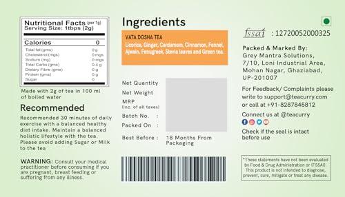 TEACURRY TEACURRY Vata Dosha Tea (2 Month Pack, 60 Tea Bags) - Helps with Vata, Relaxation, calming & Digestion | 100% Natural Ingredient - licorice, ginger, cardamom, cinnamon