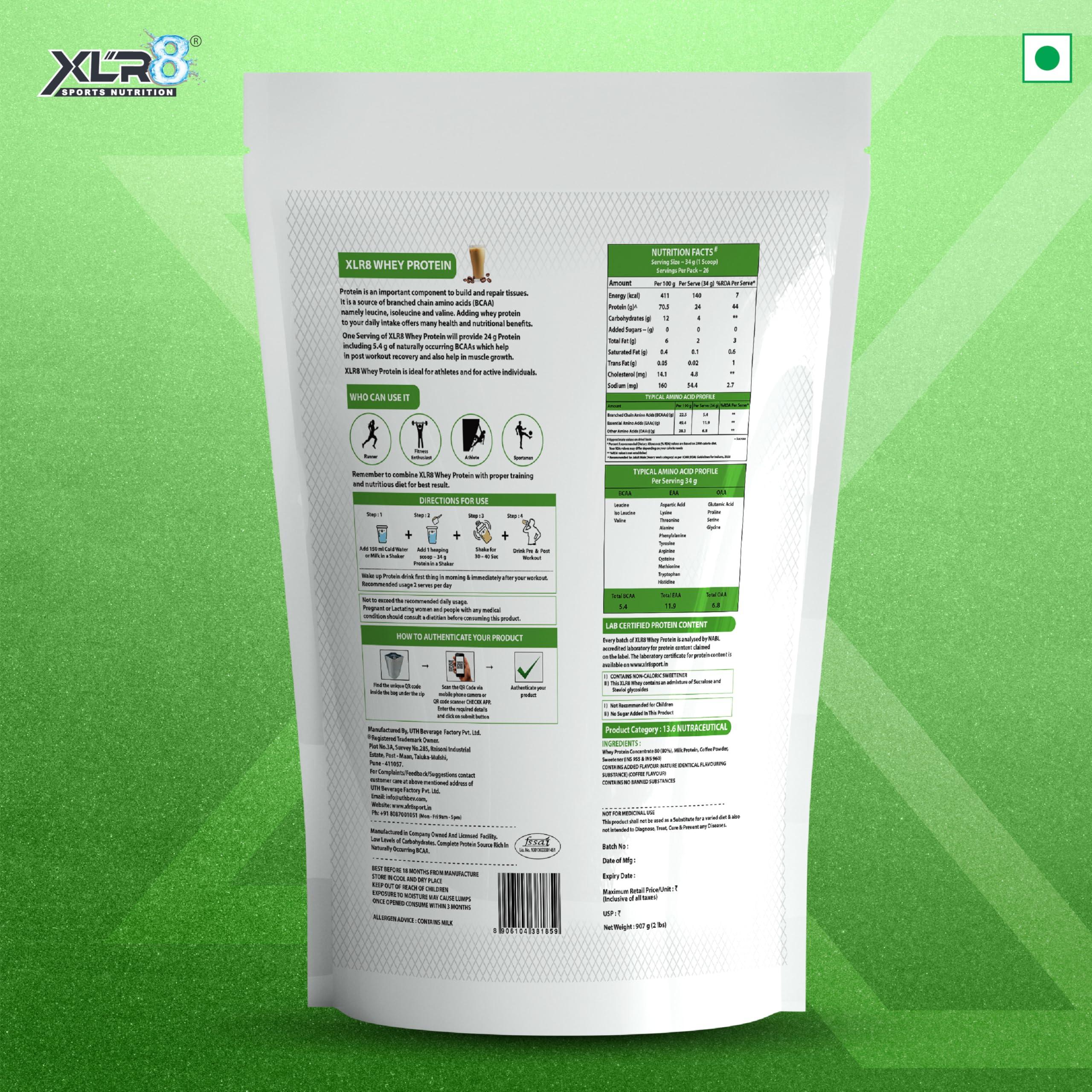 XLR8 XLR8 Whey Protein Powder with 24 g Protein Content & 5.4 g BCAA (907 g (Pack of 1), Coffee)