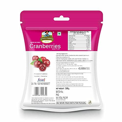 JEWEL FARMER JEWEL FARMER American Dried Cranberries, Gluten Free, Antioxidants, Vitamin & Dietary Fiber Rich Pack of Unsulfured, Ready to Eat Dry Cran Berries (100g)
