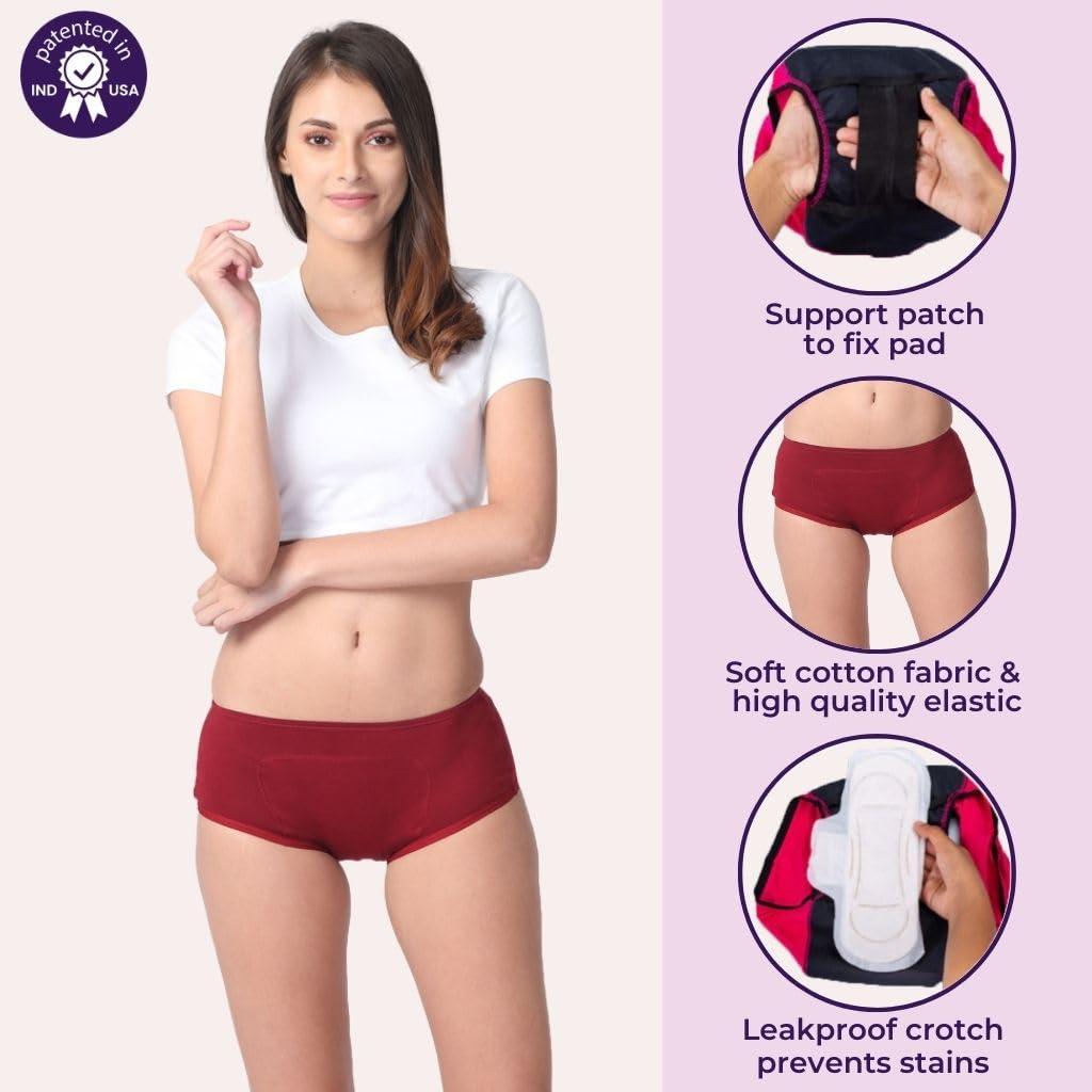 Adira Adira | Women Cotton Hipster Panties | Boxer Fit for High Flow | Reusable | with Support Patch to Fix Pad | Leakproof & Skin Friendly | for School, Travel & Work | Pack of 1 | Maroon | XL