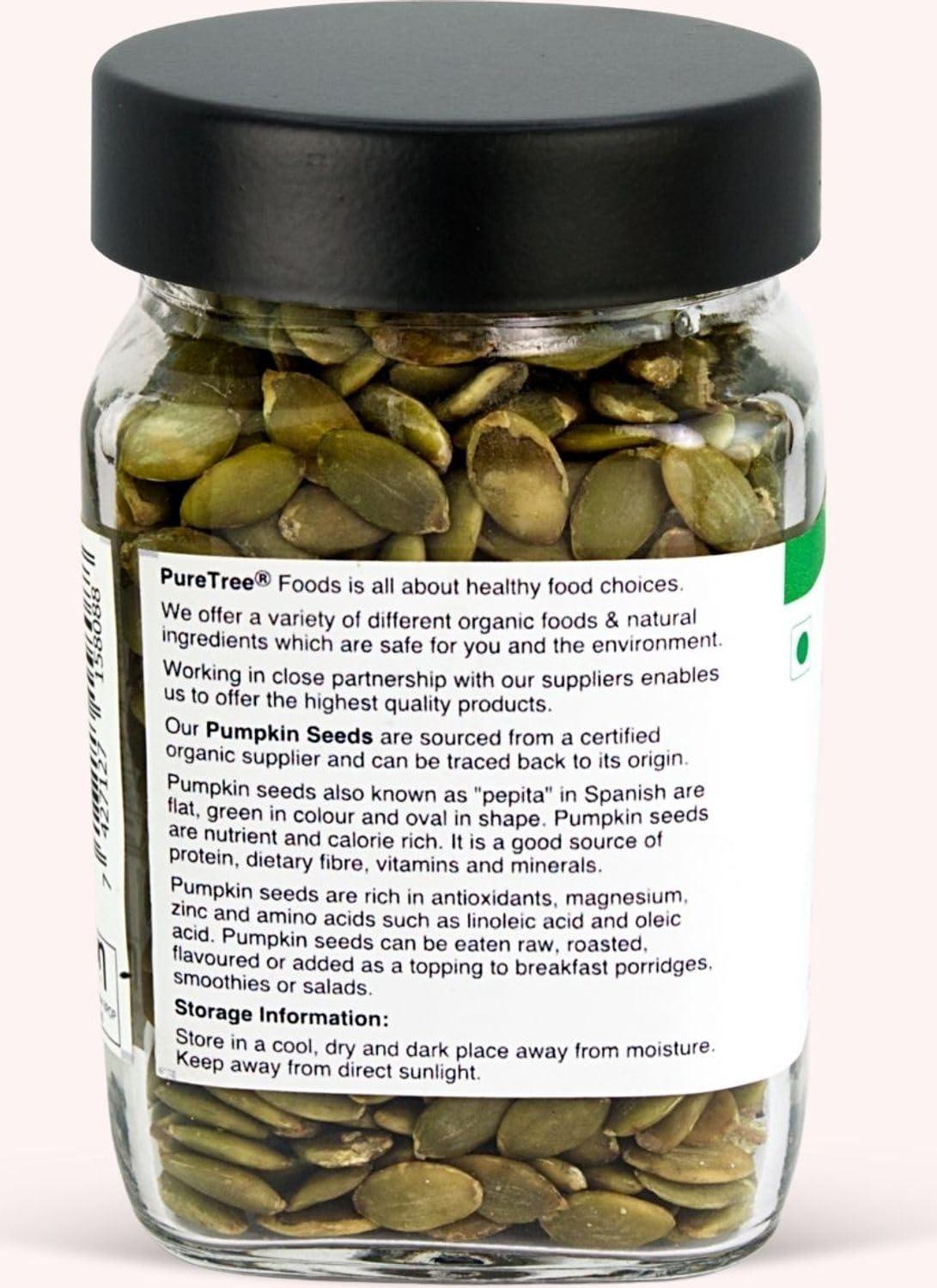 Pure Tree Pure Tree Certified Organic Pumpkin Seeds | 175 g | Glass Jar | Kaddu ke Beej | Organic Seeds for Eating Good Source Of Omega 3 | Raw Pumpkin Seeds Organic Superfood