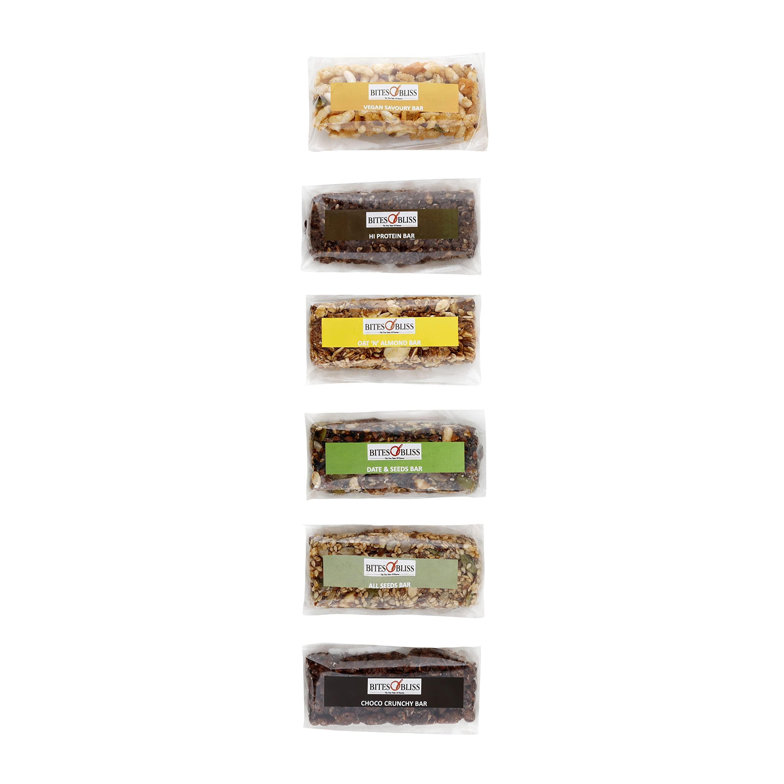 BITES OF BLISS Bites of Bliss Assorted Energy Bars 140g | High Protein | Gluten Free | Vegan | Healthy Protein Snack Bars | All Natural & No Preservatives | Vegan | Pack of 6 x 23g