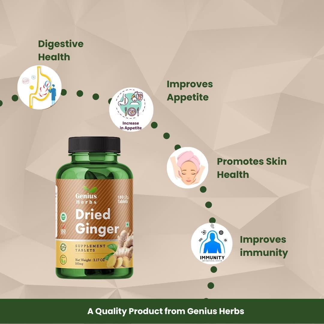 Genius Herbs Genius Herbs Dried Ginger Tablets 500mg (180 Tablets) Improves Digestion & Boosts Immunity Pack of 4