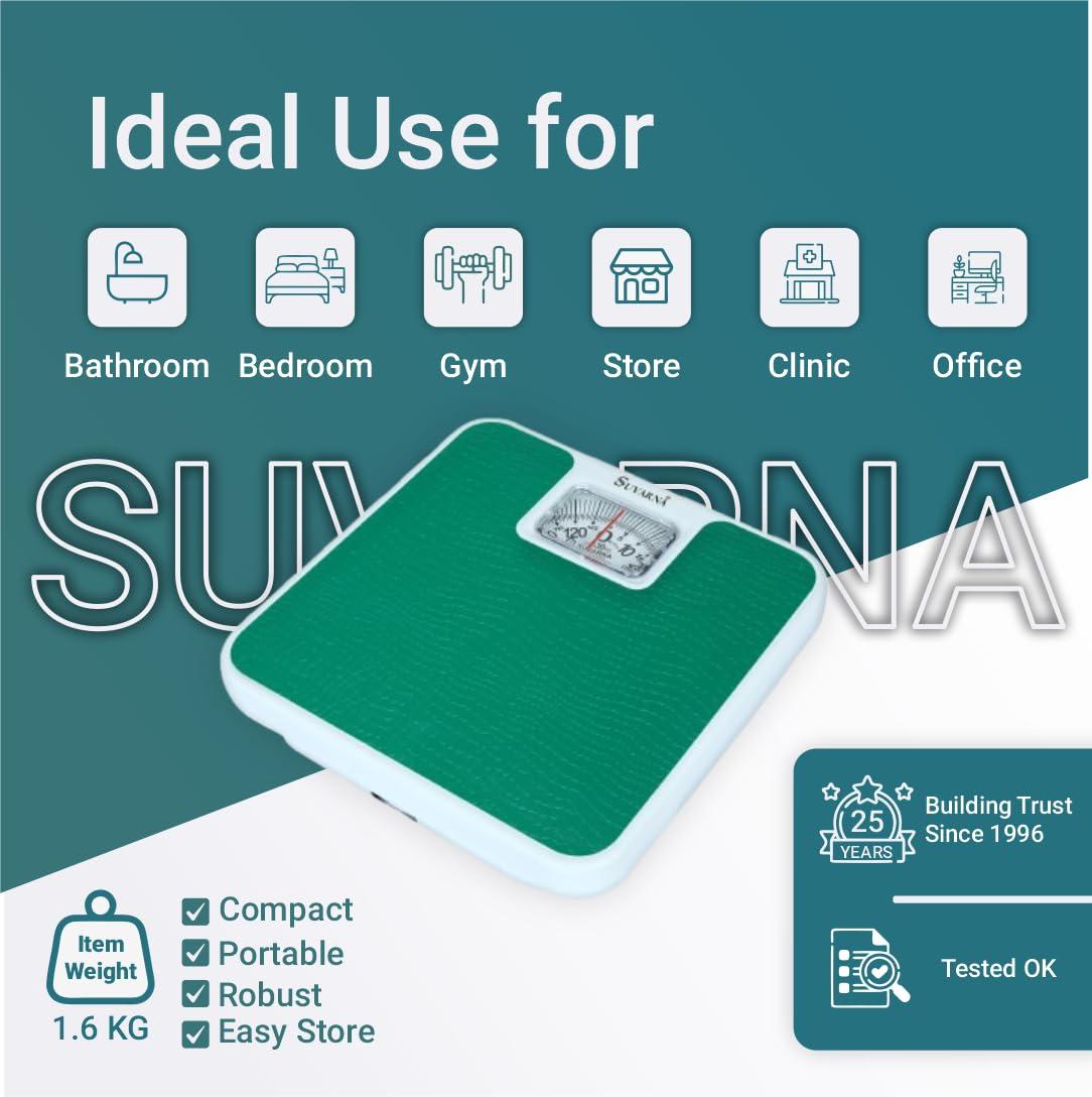 Suvarna SUVARNA Body Weight Machine - Analog Mechinical Body Weight Scale | Anti Skid Fitness Weighing Scale| 150 KG Limit | 1 Year Warranty | Model 9011-150 Elegant - Sea Green