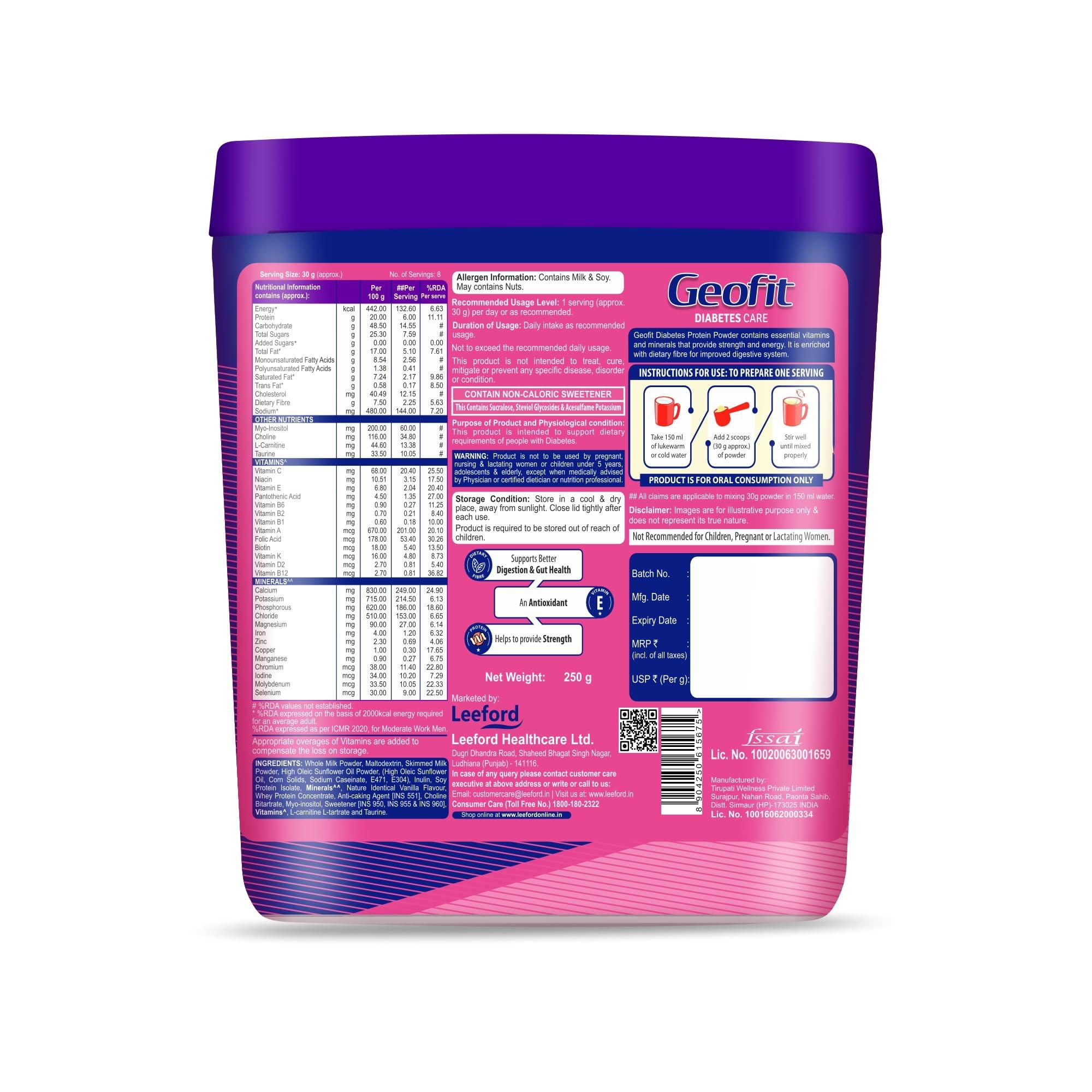 GEOFIT Geofit Diabities Care Protein Powder Enriched with Nutrients | Multivitamins & Multimineral High Vitamin C, Helps in Maintain Body Weight 250g - Pack of 2 (Vanilla Flavoured)