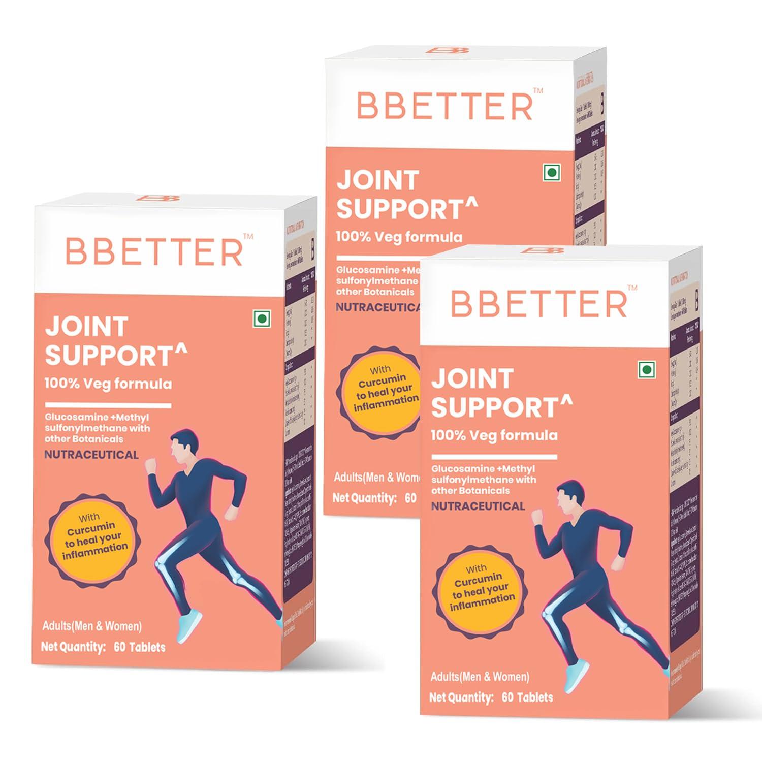 BBETTER BBETTER Joint Support Supplement - 100% Veg Formula with Veg Glucosamine, Boswellia Serrata, Veg MSM, Ginger, Rosehip extract and Curcumin for Women and Men (pack of 3)