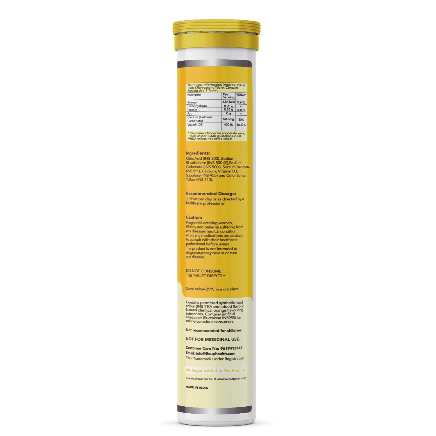 FIXUPHEALTH FIXUPHEALTH 500 mg Calcium and Vitamin D3 Tablets, for Bones and Muscle Care Unique Calcium -Vit D Bone Complex for Better Absorption Effervescent Tablets Orange Flavor - (20 Tablets)