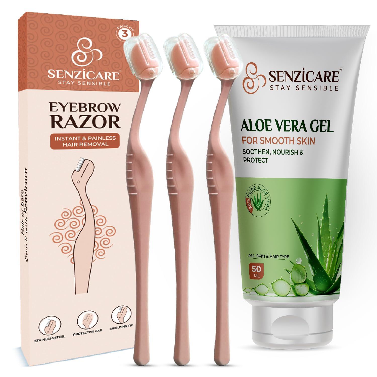 Senzicare Senzicare Eyebrow Razor | Eyebrows, Upper Lip, Targeted Corner Hair | For Salon-Like Eyebrows No Cuts | Safe & Hygienic (3 units) And Aloe Vera Gel