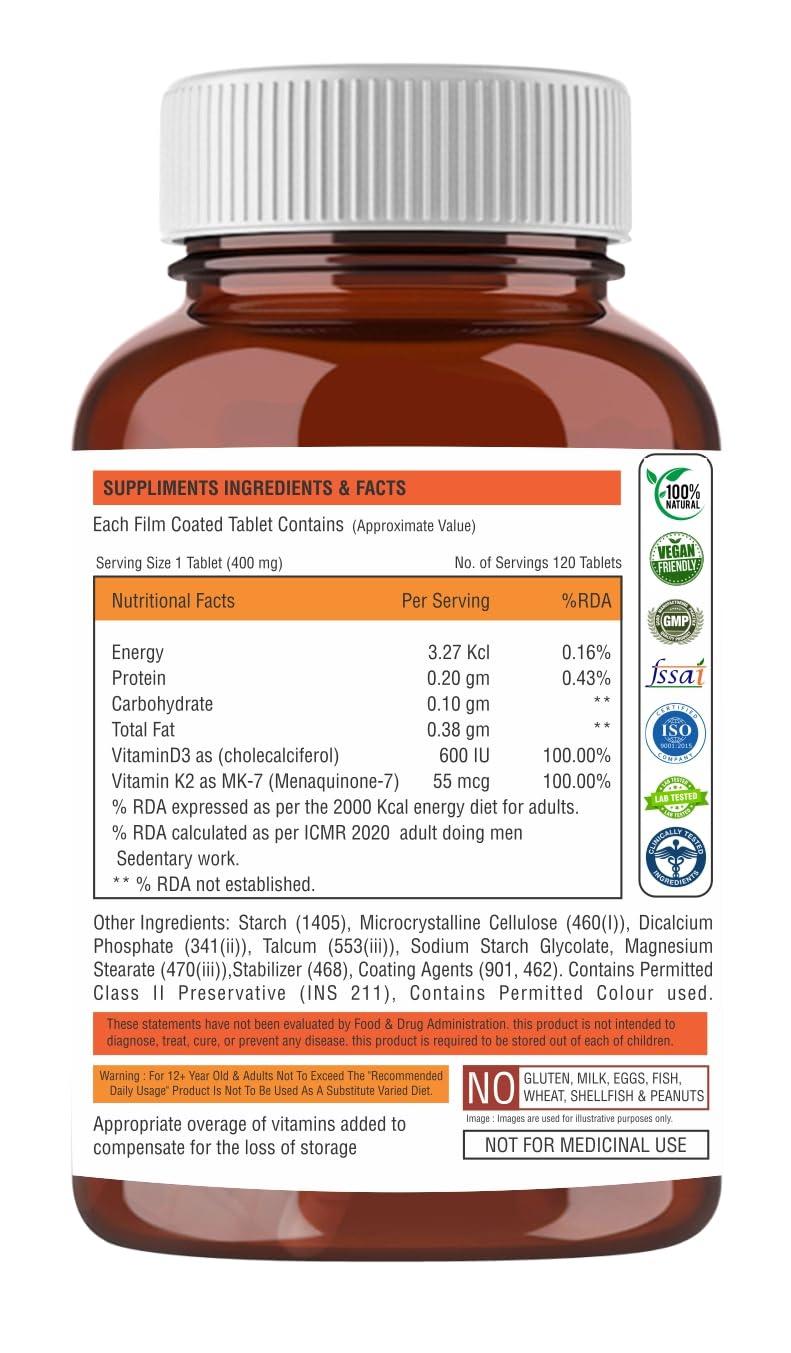 The Body Reserve The Body Reserve Vitamin D3 K2 MK7-120 Veg Tablets, 100% RDA Plant-Based Vitamin D3 Supplement from Lichen Source with Vitamin K2 as MK7 Menaquinone