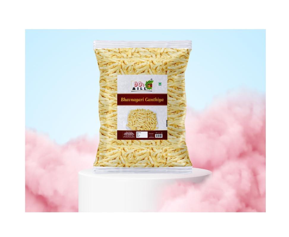 90\'s MILL 90\'s MILL Authentic Kathiawar Ganthiya Bhavnagari Gujarati Gathiya Fried in Groundnut Oil||Healthy Indian Snacks//Lite Snack For All Age Groups//Bachcho Ka Favourite Savoury Snack-1Kg*1Pack