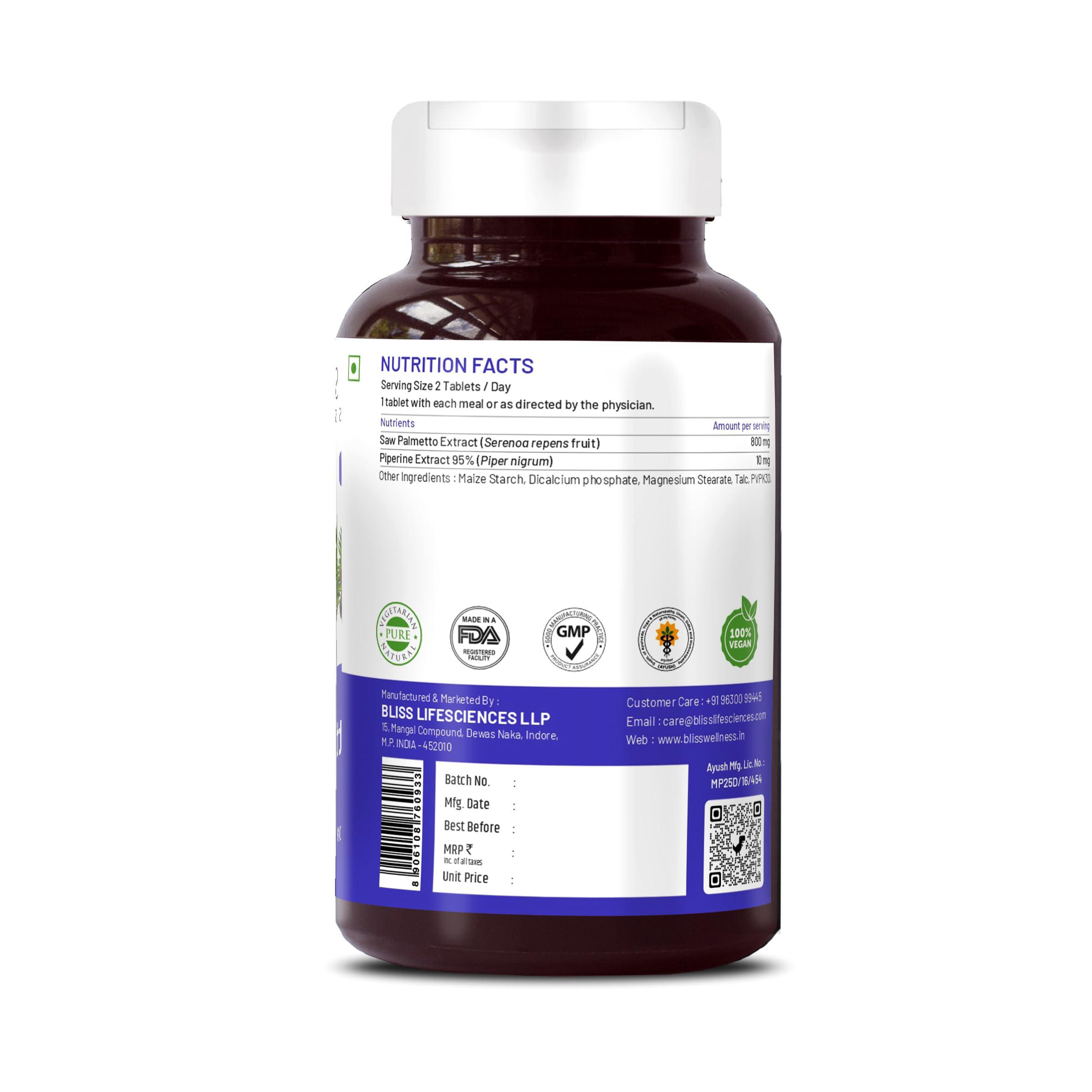 Bliss Welness Bliss Welness Saw Palmetto Extract 800 MG | Hair Growth Prostate Health Support Urinary Tract Function Prevent Hair Fall Ayurvedic DHT Blocker Health Supplement - 60 Vegetarian Tablets