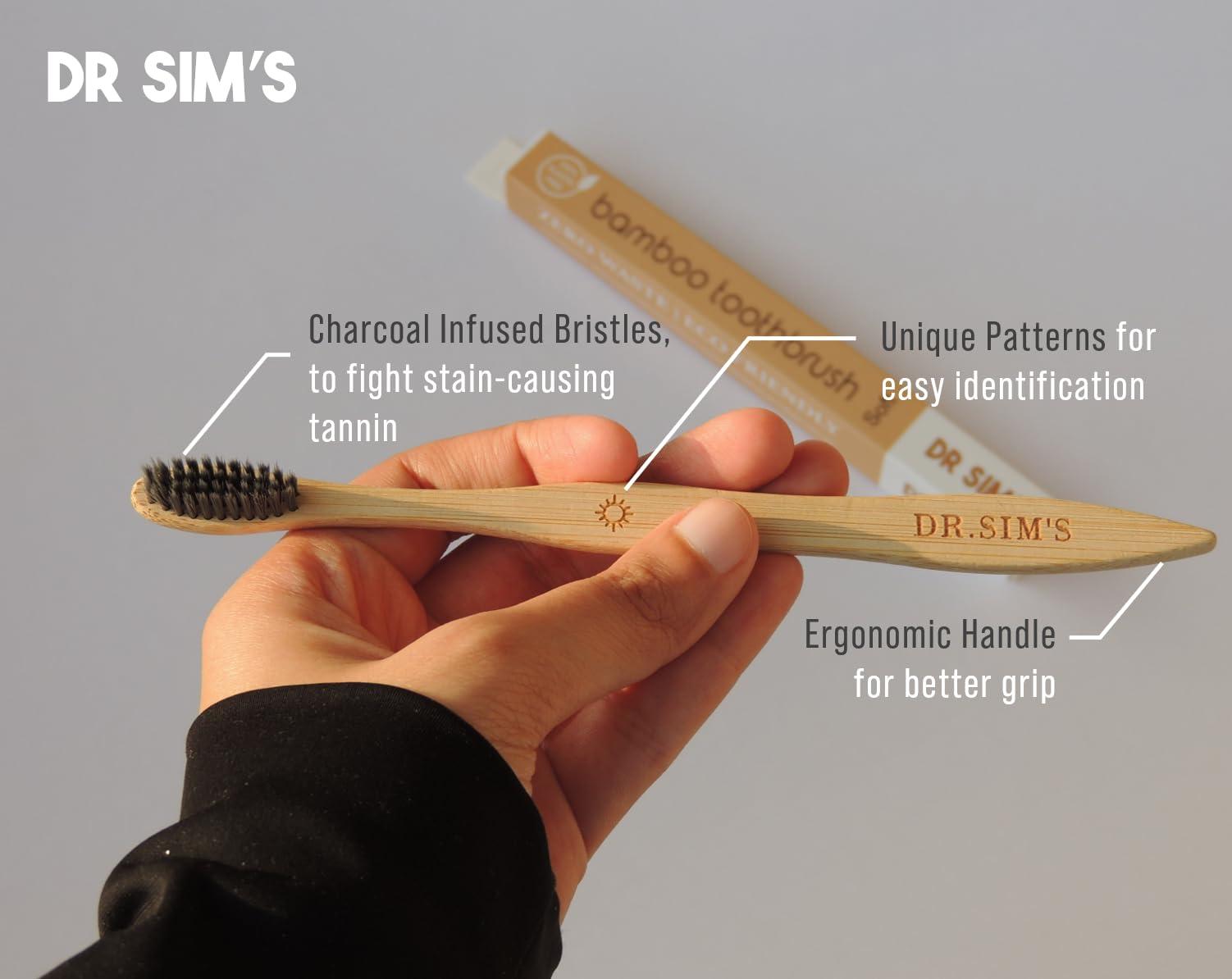 Dr Sim\'s Dr Sim\'s Bamboo Toothbrush | Pack of 4 | 1 Soft Charcoal Black & 1 Ultra-Soft Natural Fibre Beige Bristles for Adults and 2 Colorful Soft Bristles for Kids | Non-Toxic, Sustainable, Vegan, Anti-Microbial