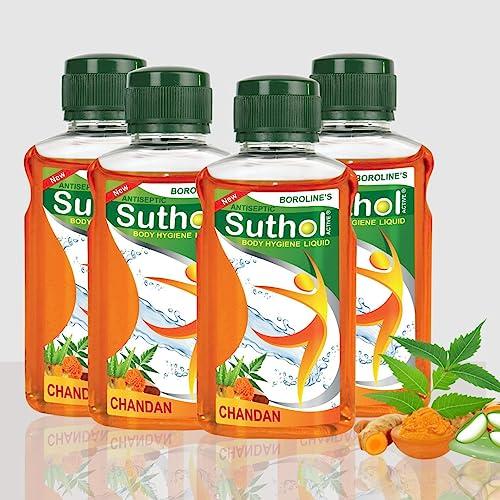 BOROLINE BOROLINE\'s Suthol Active Chandan 200 ml X 4 | Stops Skin Irritations, Prickly Heat, Itching, Rashes | With Neem, Turmeric, Marigold & Aloe vera (Pack of 4)
