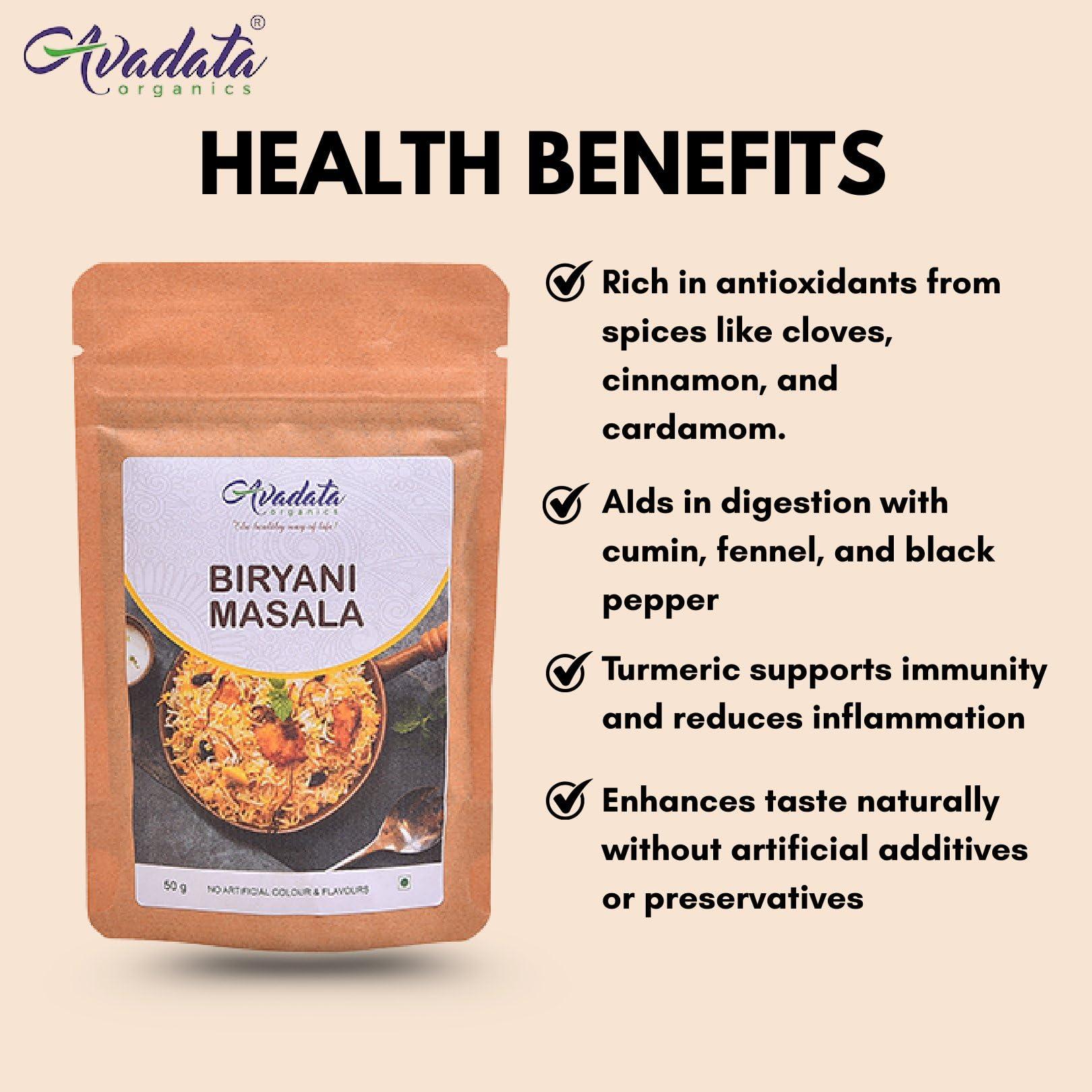 AVADATA ORGANICS - The healthy way of life Avadata Organics Biryani Masala - 50gm Hyderabadi Style| Unique Blend of Spices for Earthy Aroma & Rich Taste | Spice for Regional & Traditional Recipes | Hygienically Packed | No Preservatives (Pack of 3)