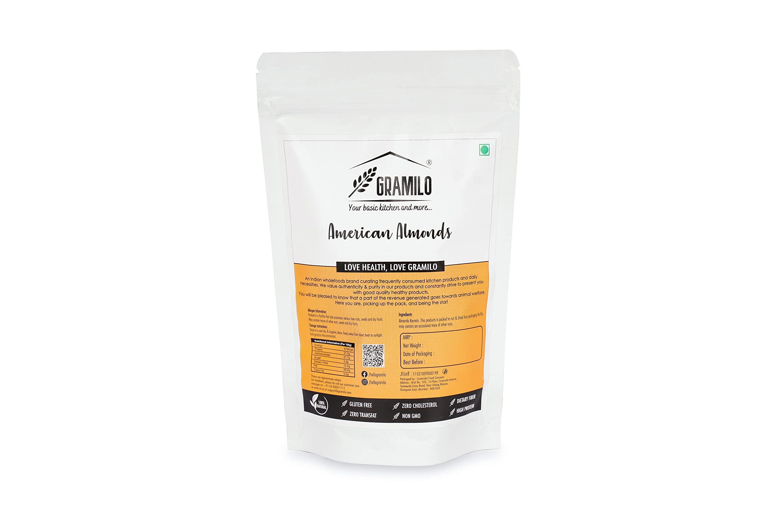 Gramilo-Your basic kitchen and more .. GRAMILO American Almond Regular, Natural & Healthy Superfood Energy Snack for Ideal for Baking, Salads & Snacking Delicious Dry Fruits, Good Source of Protein and Minerals,Pack of 250 Gram