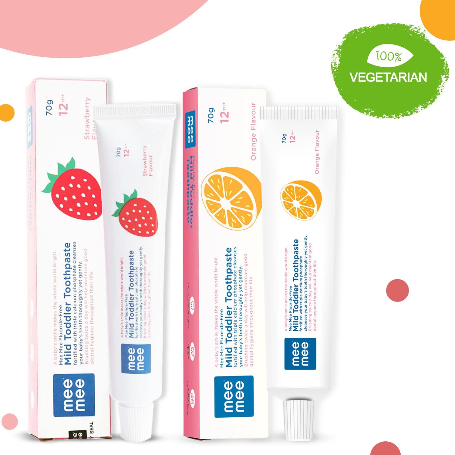 Mee Mee Mee Mee Fluoride-Free Orange Flavor Toothpaste, 70 g (Pack of 2) (Strawberry + Orange, 70 g (Pack of 2))
