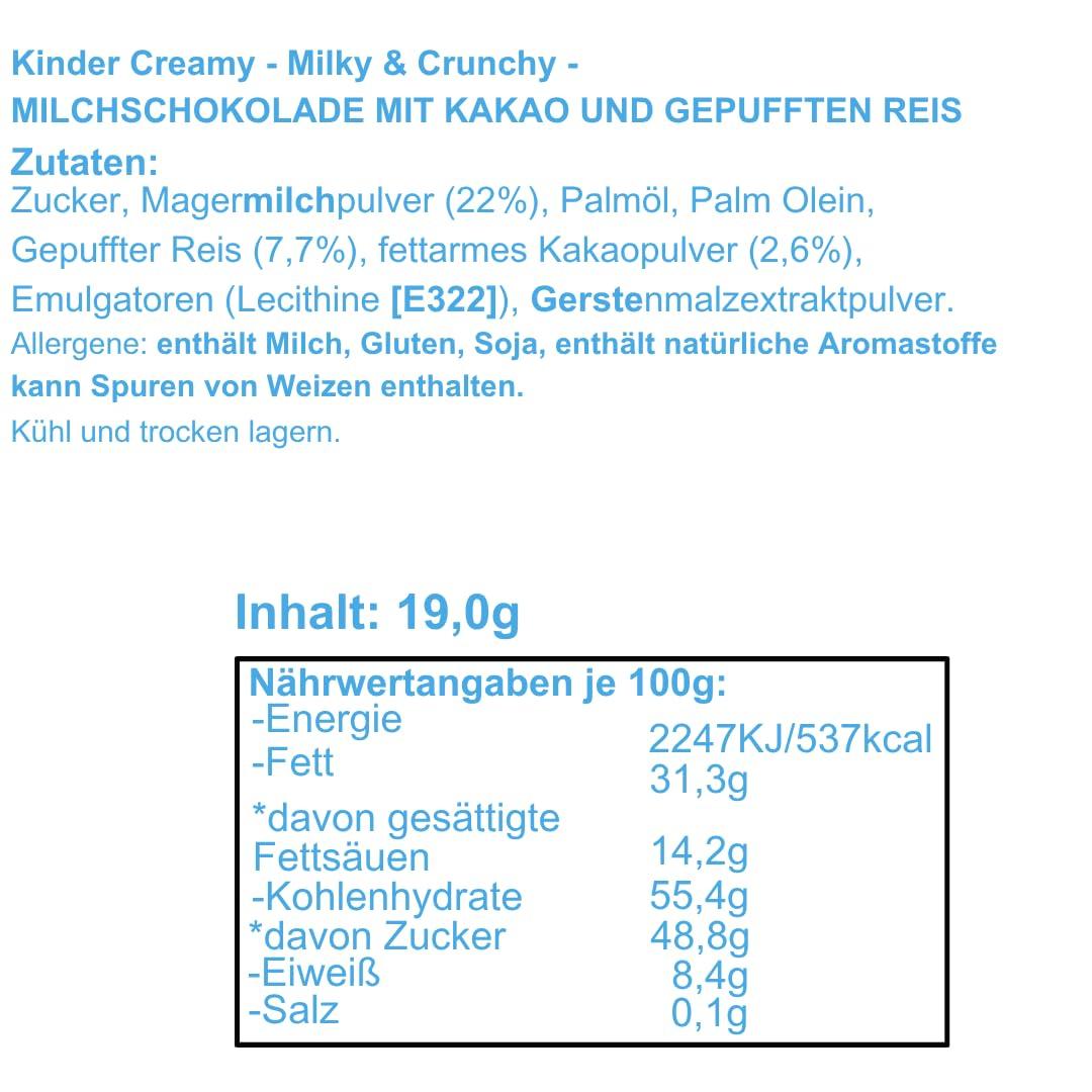 Kinder Dave\'s American Food Kinder Creamy Pack Of 24 Milky and Cocoa Chocolate with Extruded Rice, 456 Grams