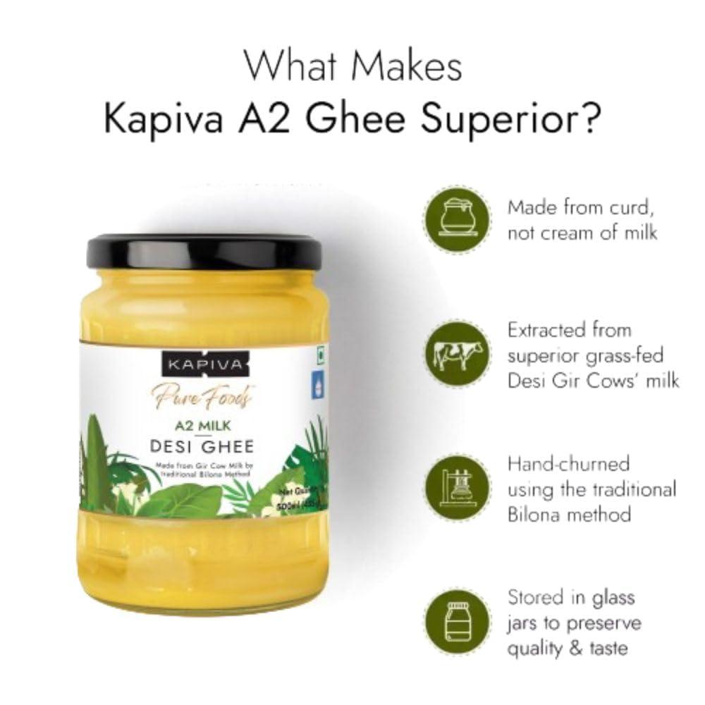 Kapiva Kapiva A2 Desi Cow Ghee 500ml | Bilona Method, Curd-Churned | Pure, Natural, Healthy | Grass-fed Cultured Ghee - Super Saver Pack of 2