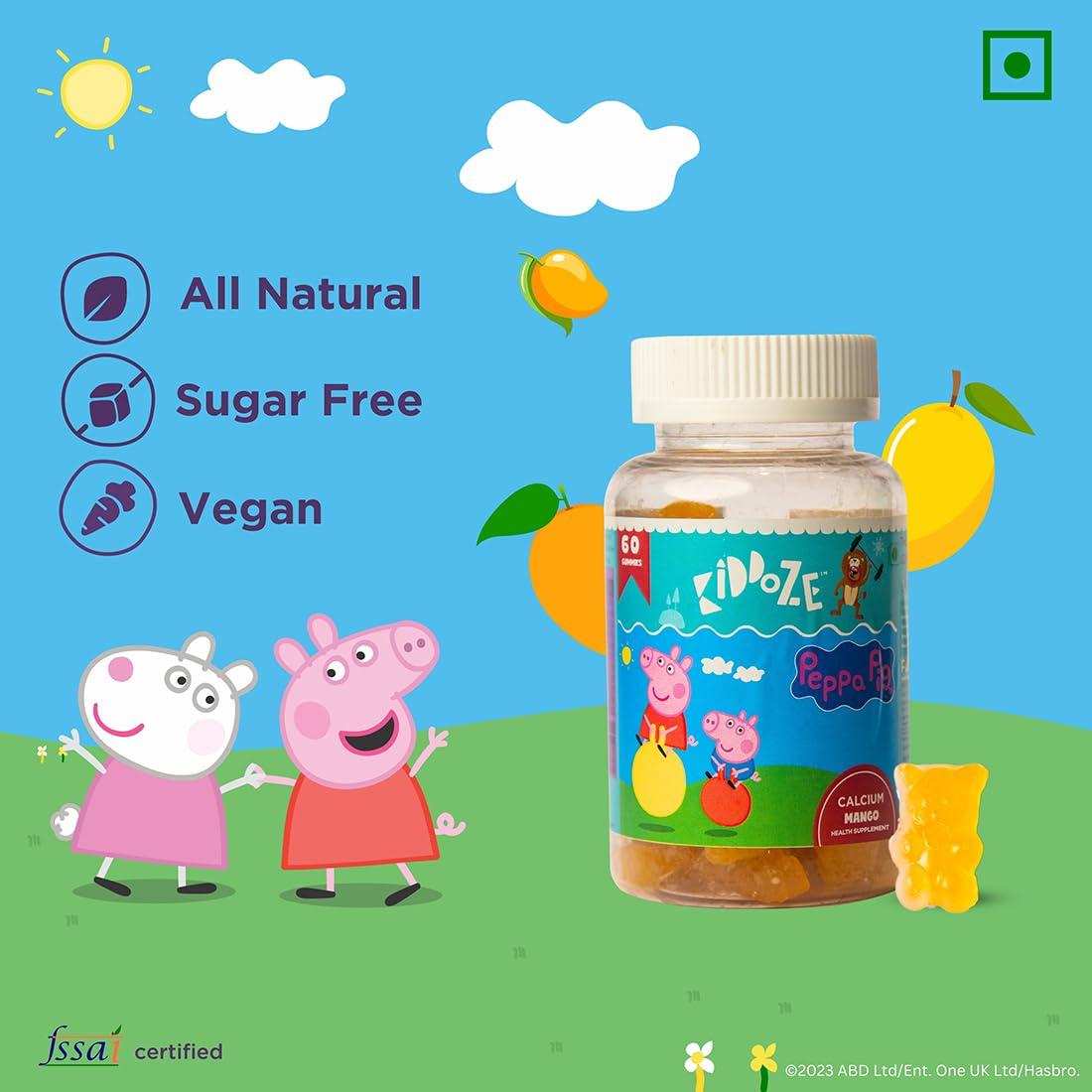 KIDDOZE KIDDOZE Calcium Gummies With Free Peppa Pig Toys For Kids Between 3 To 16 Years Of Age, Promotes Bone, Muscle & Teeth Strength (All Natural Mango Flavour) - 60 Gummies (Free Surprise Gift Inside)