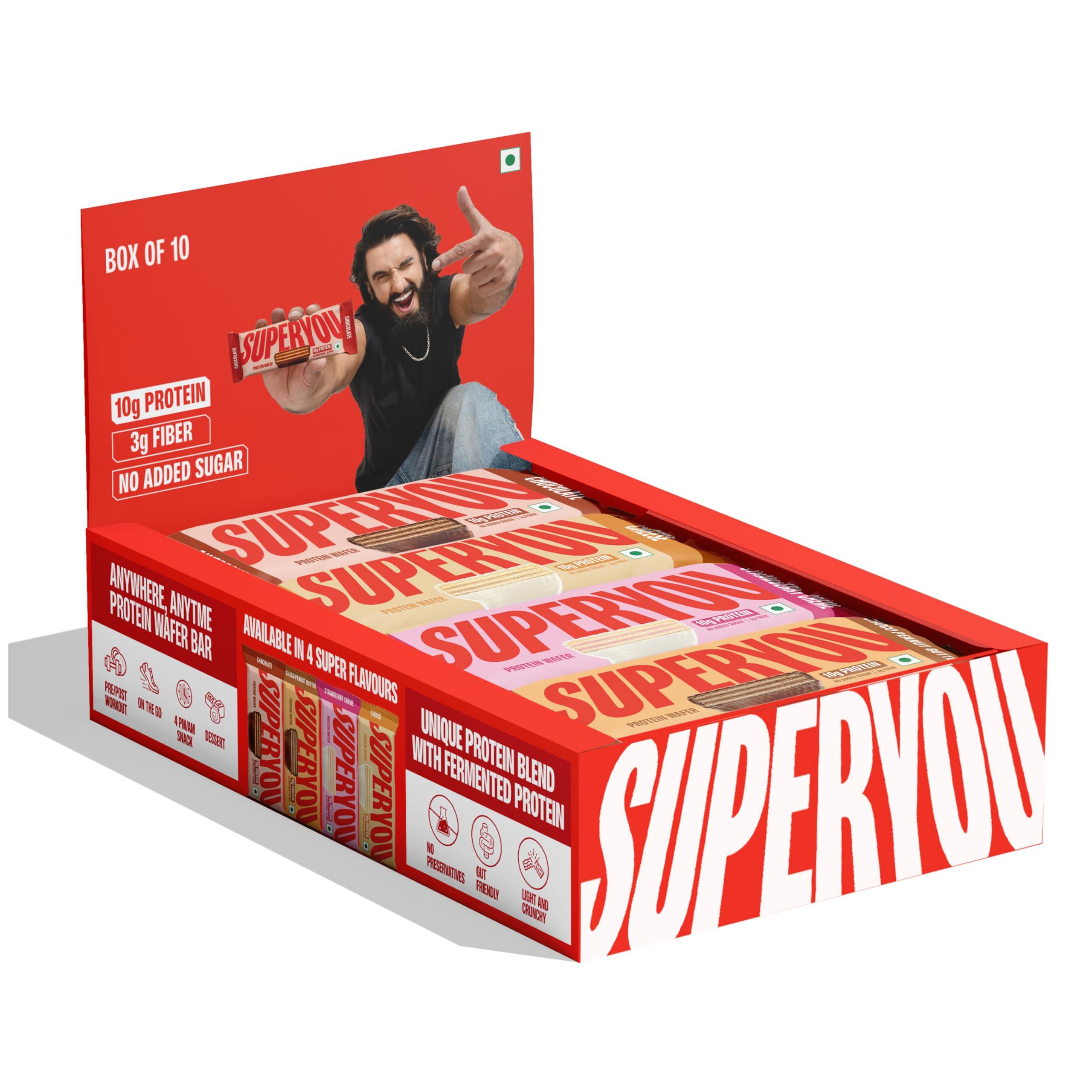 Superyou SuperYou Assorted Protein Wafer Bars (Pack of 10)|10g Protein, 3g Fiber, No Added Sugar|Yeast Fermented Protein|Energy Bars|Crunchy Wafer Bar|100% Vegetarian|No Palm Oil|400g