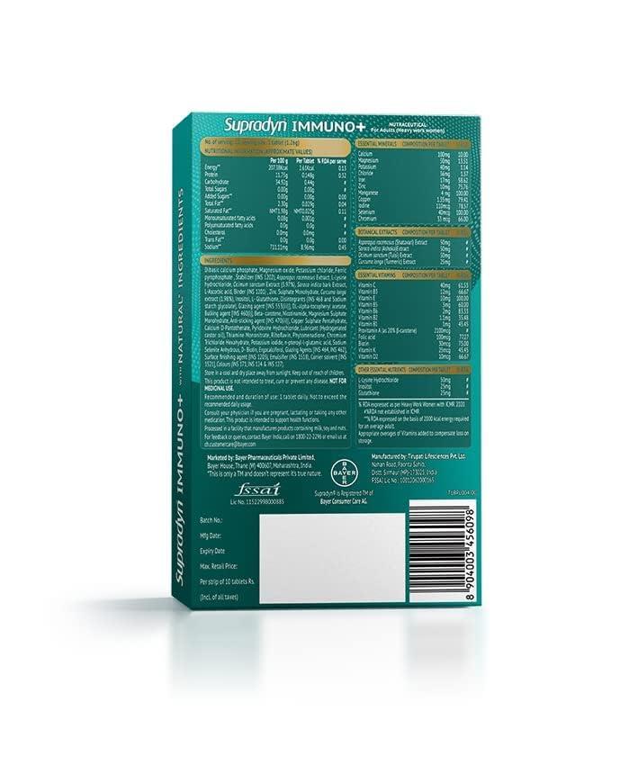 Supradyn Supradyn Immuno +, Multivitamin Vit C, Vit D, Zinc, Unique blend of Tulsi, Turmeric, Shatavari & Ashoka, Pack of 9 x 10 Tablets