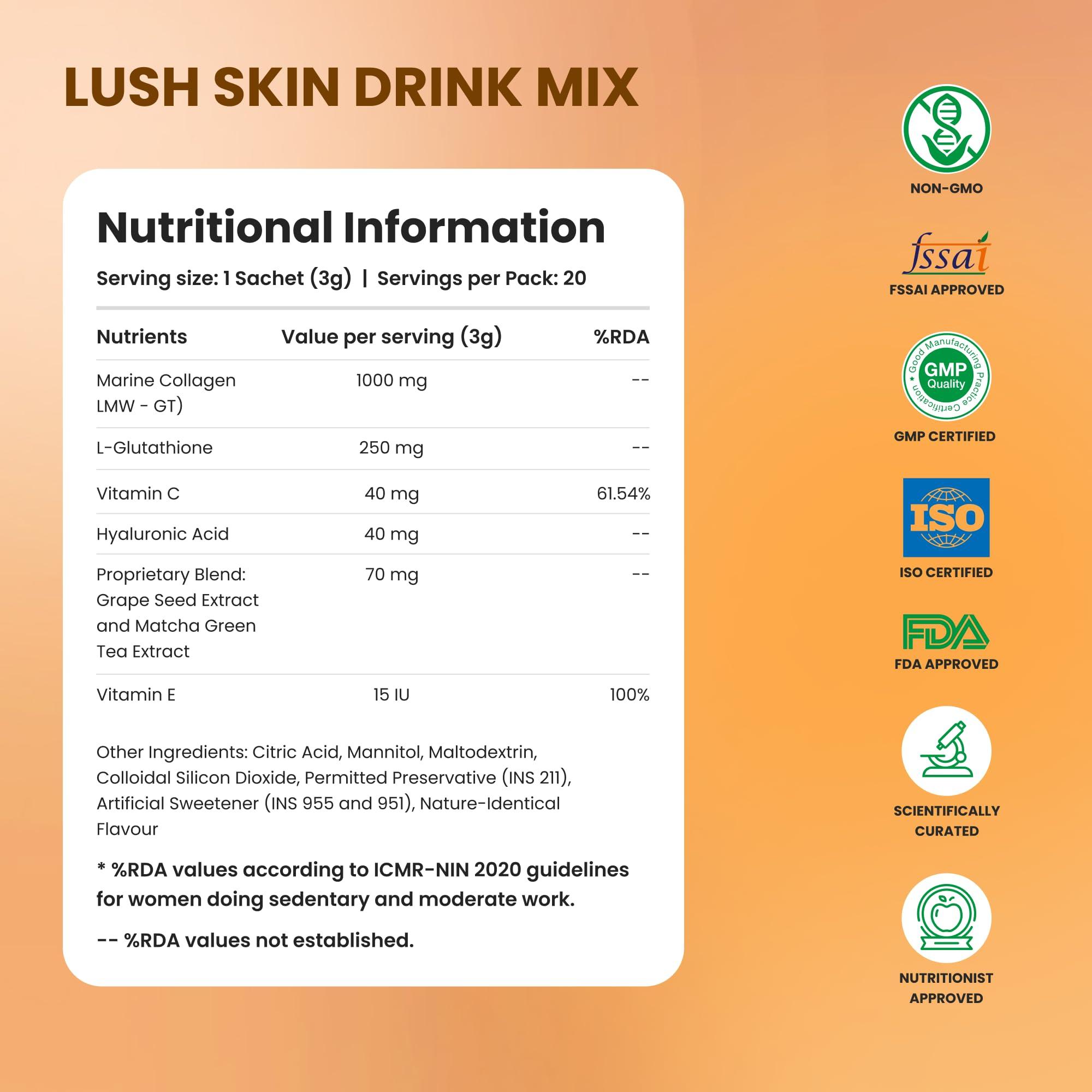 Rasha Rasha Lush Skin Drink Mix, Skincare Women-Collagen, Hyaluronic Acid, Matcha And Grape Seed Extract To Wrinkles, Dark Spots & Uneven Skin Tone, Collagen Supplement Youthful Skin 20 Sachets
