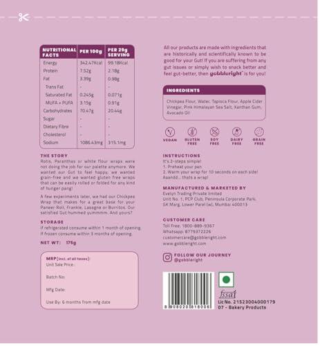 GOBBLERIGHT GOBBLERIGHT Gluten Free Tortilla Chickpea Wraps - Pack Of 2 (12 Wraps)/Gluten Free, Vegan, Dairy Free, Soya Free, Grain Free/Best For Burrito, Wraps, Tortilas, Tacos, Shawarmas And Rolls, 350 Gram